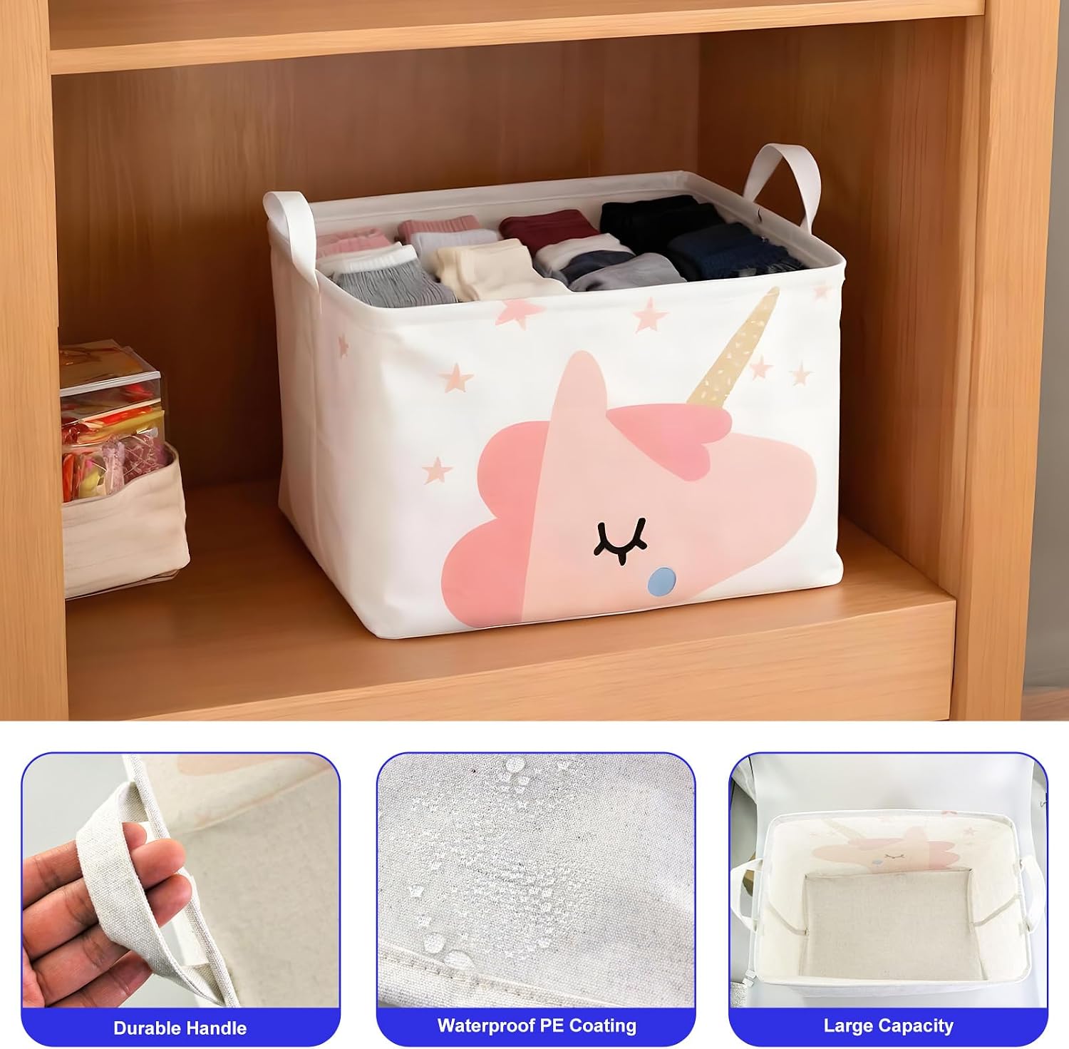 Mziart Cute Unicorn Pink Basket Empty, Rectangle Kids Storage Basket with Handles, Collapsible Nursery Baby Toy Basket for Boys Girls Room Decor, Canvas Storage Bin for Books, Clothes, Shelf, Gifts
