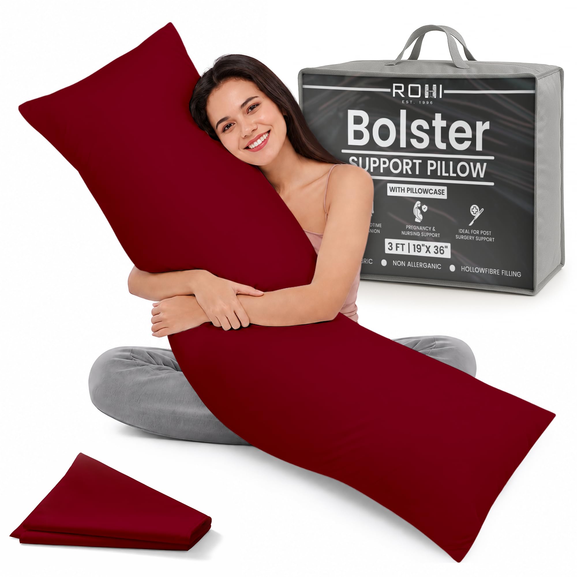 Rohi Burgundy 6Ft Full Body Pillow With Pillowcase–Hollowfibre Filling – Orthopaedic 19"X 72" Super King Bed Size Long Pillow –Bolster Pillow For Maternity, Back & Neck Support –Side Sleeper Pillow