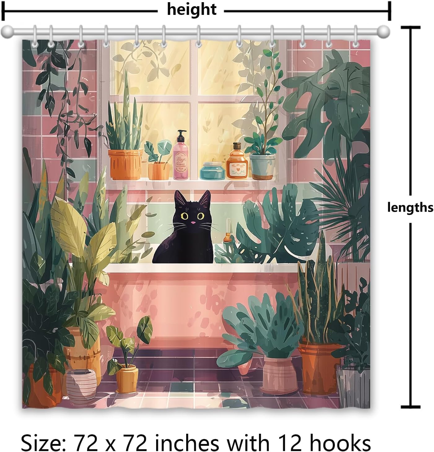 APROPHIC Black Cat Tropical Plant Shower Curtain Girly Pink Bath Curtain