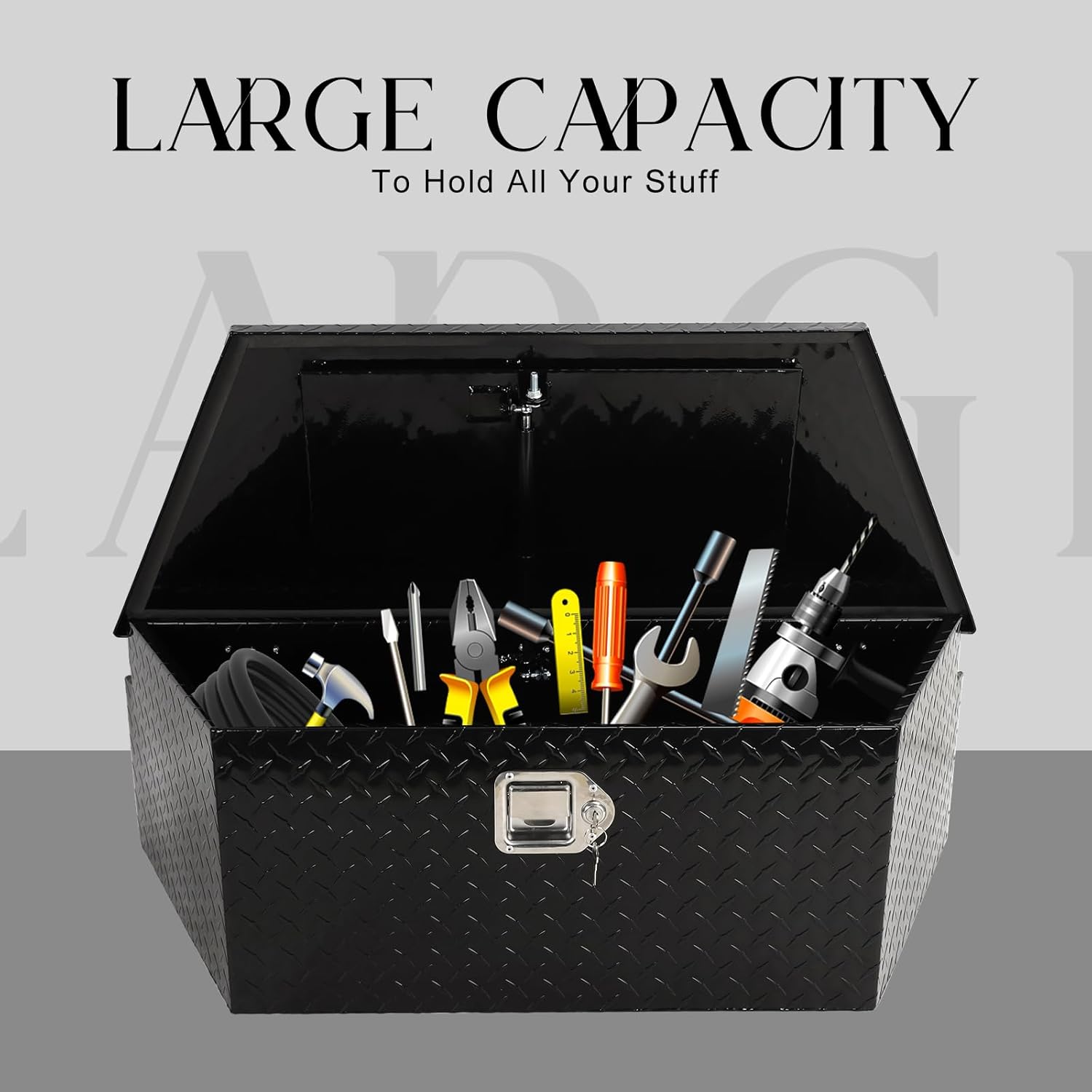 BLACKHORSE-RACING 39-Inch Aluminum Diamond Plate Trailer Tongue Box with Lock and Key Secure Storage Tool Box Organizer for Trailers, ATVs, RVs, and Truck Beds-Black