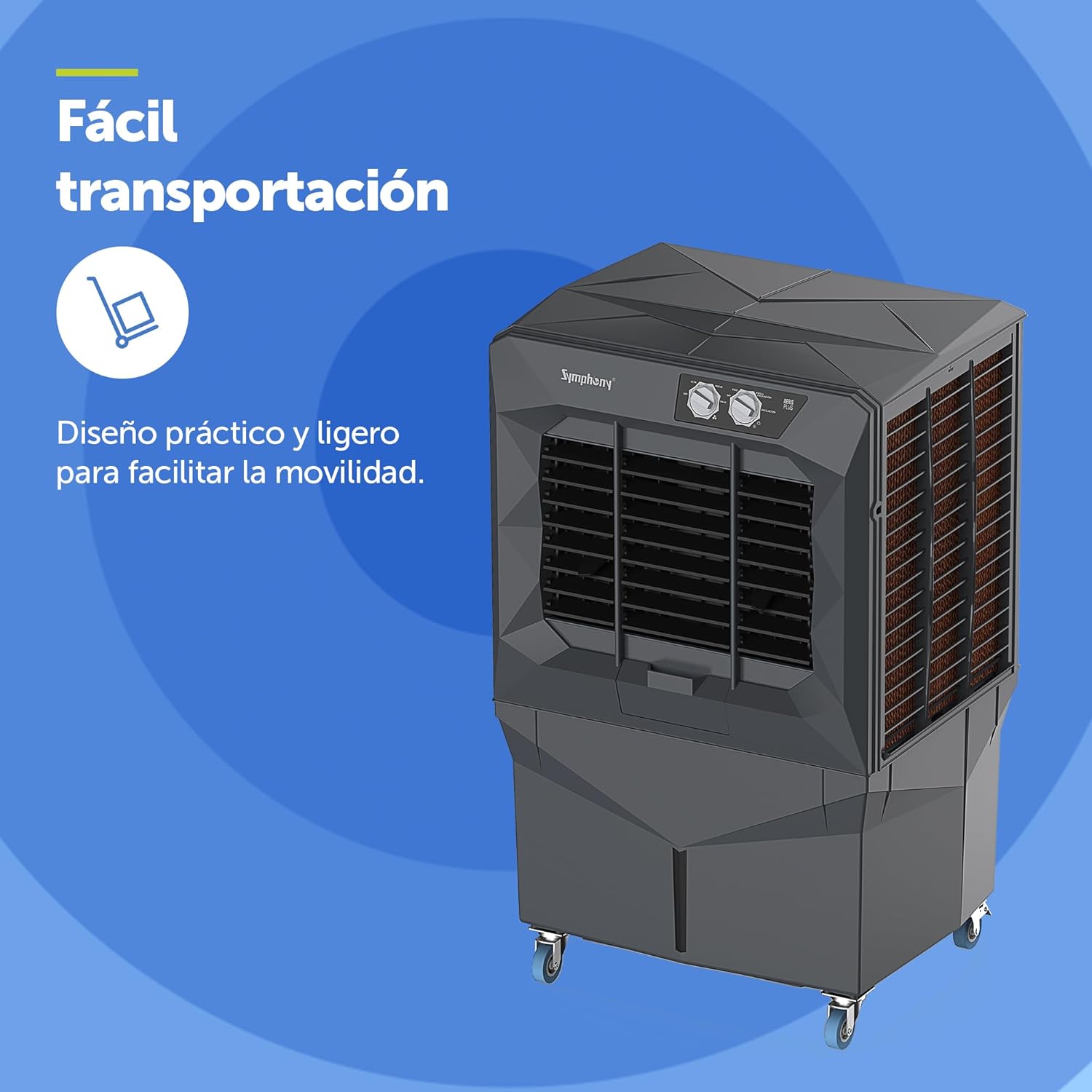 Symphony Ventus 50 air cooler with text 'Easy transportation' and an icon of a hand truck.