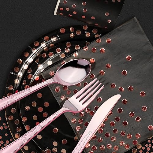 Vista 3 de Juego de vajilla desechable dorada de 176 piezas y vajilla desechable de punto dorado para fiesta, platos de papel negro, servilletas, vasos, 176