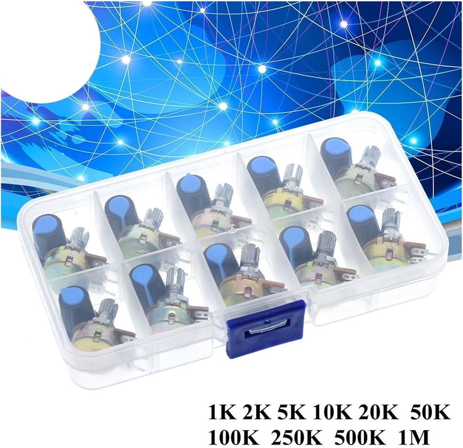 WH148 Potentiometer Kit B1K 2K 5K 10K 20K 50K 100K 500K 1M 15mm Linear Taper Rotary Potentiometer Resistor Set 3pin with Cap