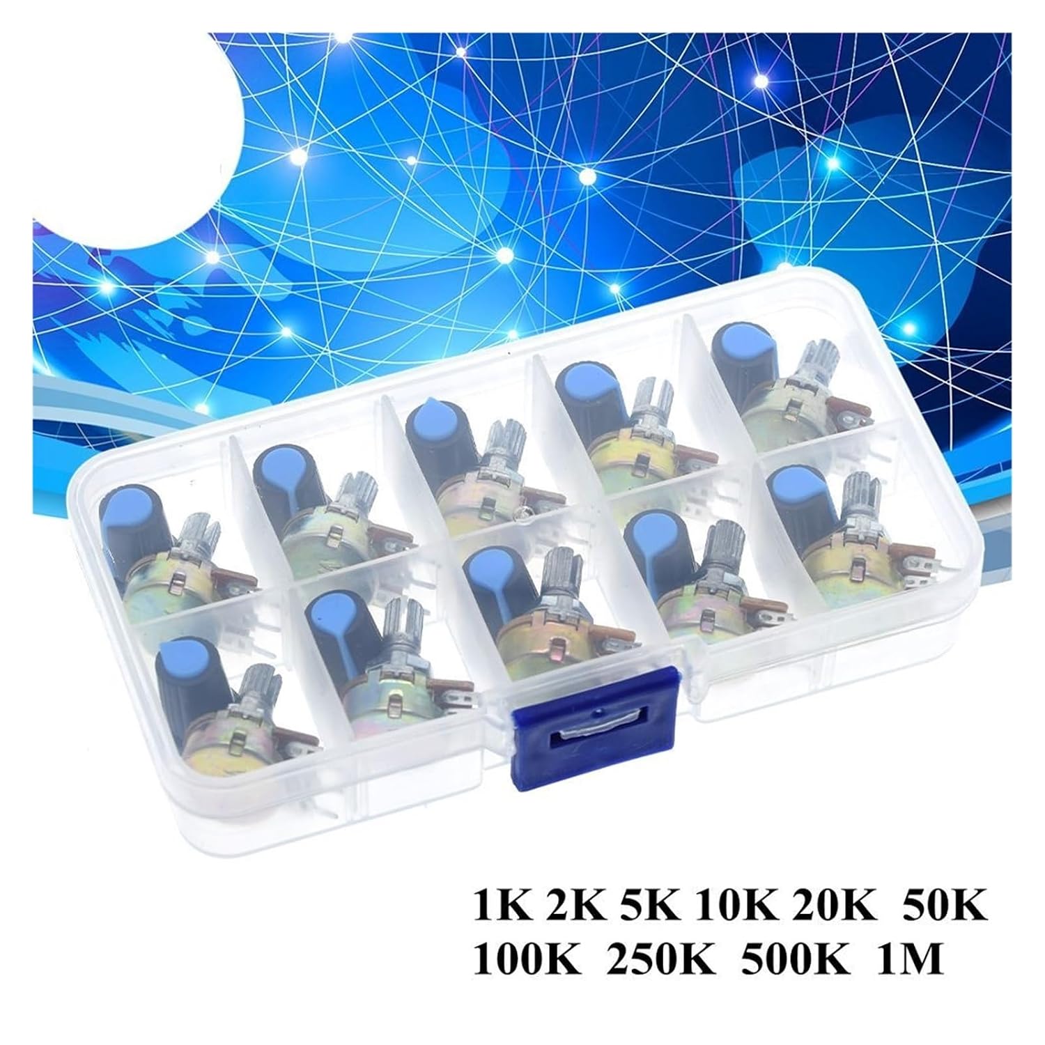 WH148 Potentiometer Kit B1K 2K 5K 10K 20K 50K 100K 500K 1M 15mm Linear Taper Rotary Potentiometer Resistor Set 3pin with Cap