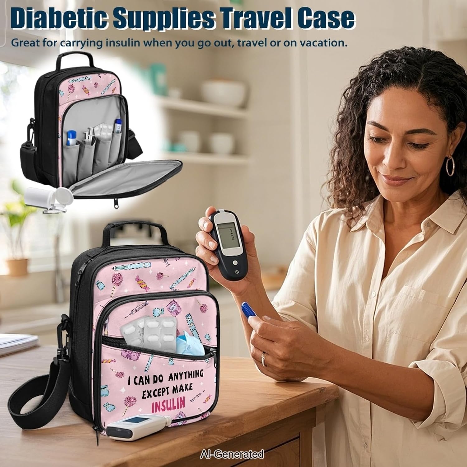 Diabetes Travel Bag Insulin Travel Case Portable Diabetes Supplies Organizer Bag with Adjustable Shoulder Strap Nursing Accessories Candy