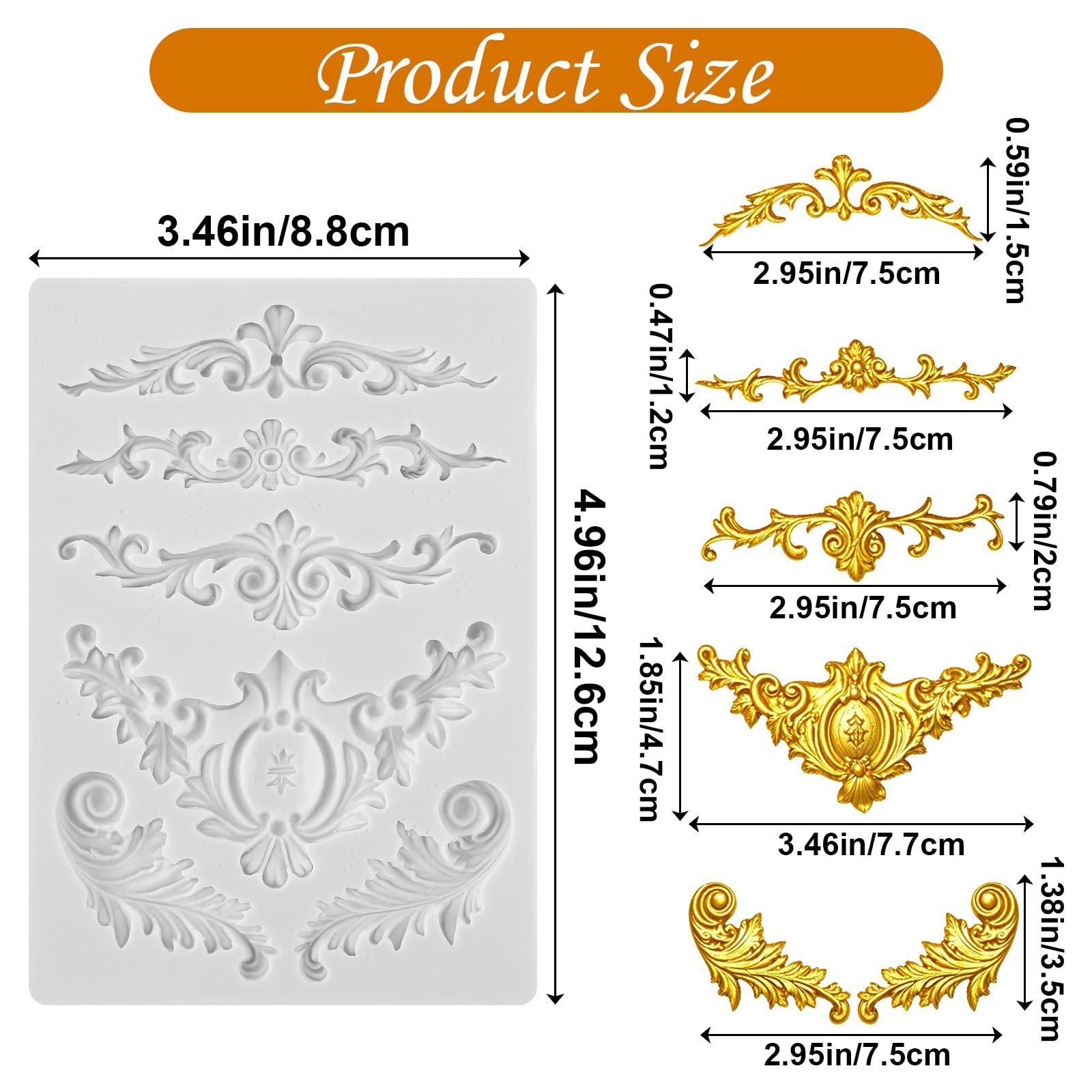 Baroque Style Curlicues Scroll Lace Emboss Border Relief Flower Lace Filigree Sculpted Decoration Scrollworks Silicone Mold for Fondant Sugar Craft Cake Baking DIY Soap Polymer Clay Plaster
