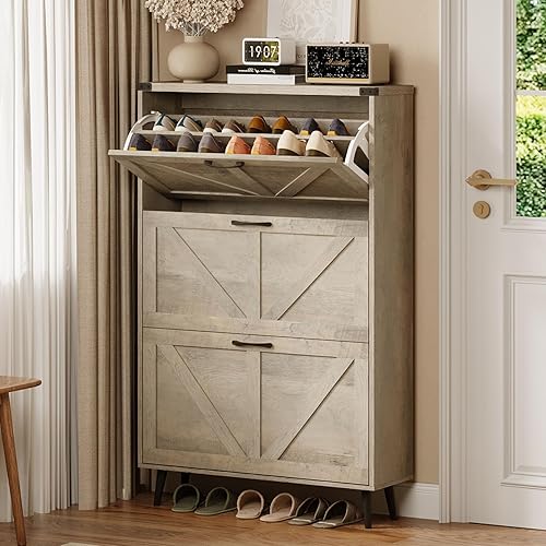 Miniatura 18 de Zapatero con 2 cajones abatibles y almacenamiento abierto, armario de almacenamiento de zapatos de granja para entrada, estante organizador estrecho