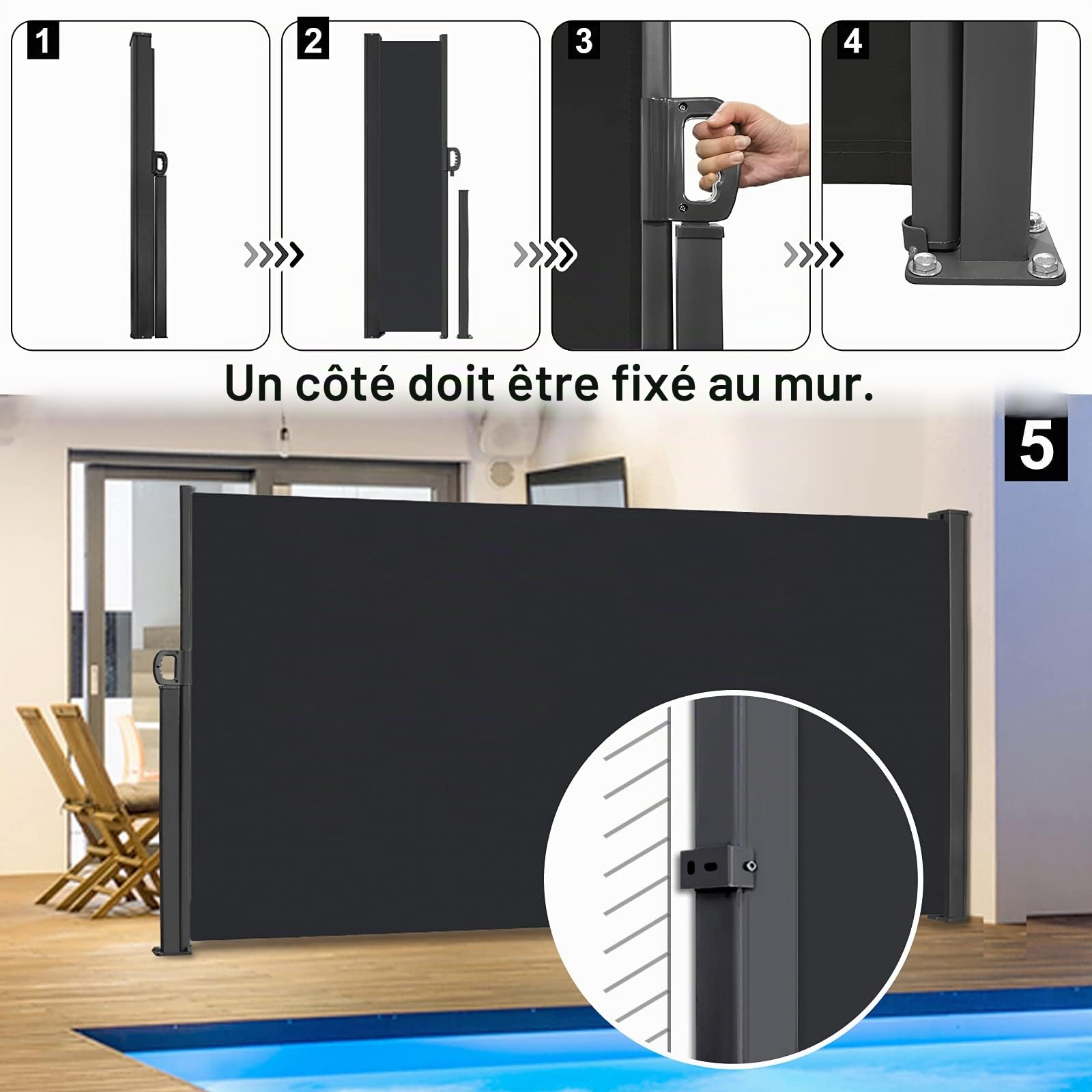 LARS360 Store Latéral Retractable Polyester Paravent Extérieur Rétractable pour Jardin, Balcon, Terrasse (200 x 300 cm, Noir)