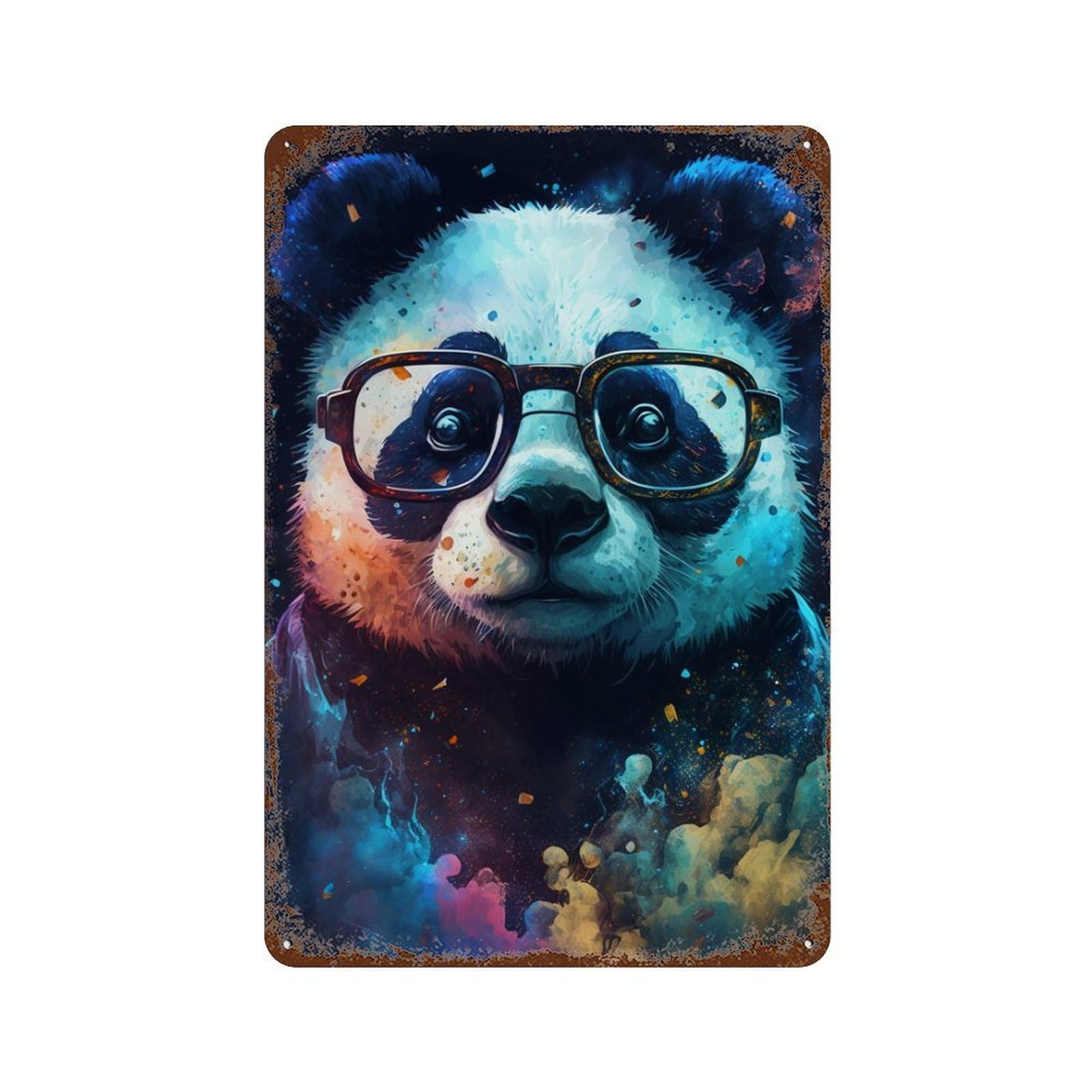 Rust Effect Colorful Panda with Glasses Rusty Metal Tin Sign 11.8"x7.9", Decorative Metal Wall Art for Farmhouse, Kitchen And Entryway Decor