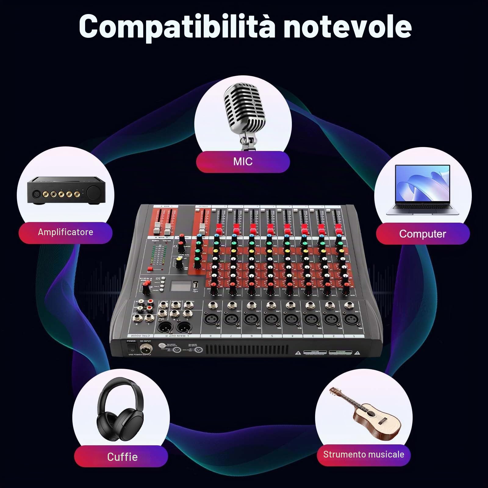 Mixer professionale a 8 canali, mixer audio, mixer audio professionale a 8 canali, mixer con Bluetooth, indicatore LED, alimentazione phantom da 48 V, alloggiamento in metallo, colore nero