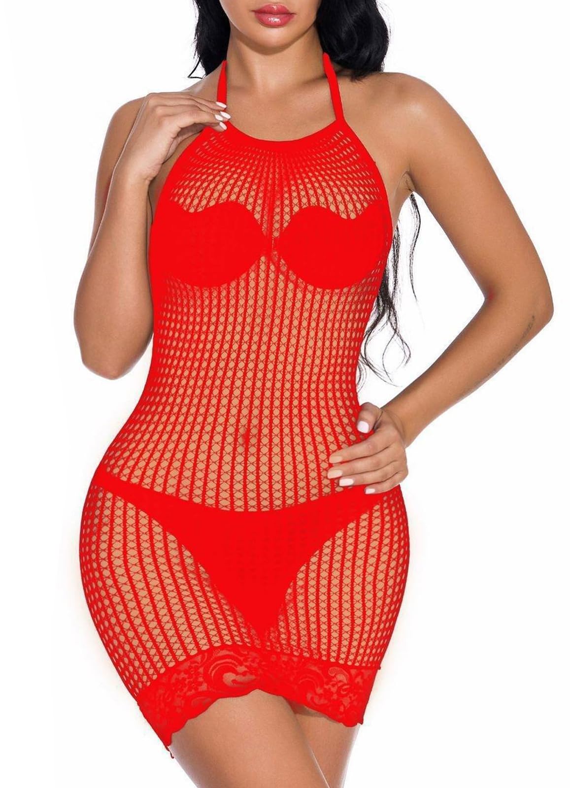 MIZSPISE Damen Dessous Fischnetz Bodysuit Sexy Reizwäsche Minikleid Clubwear Babydoll Nachtwäsche (DE/NL/SE/PL, Alphanumerisch, Einheitsgröße, Regular, Regular, Rot)