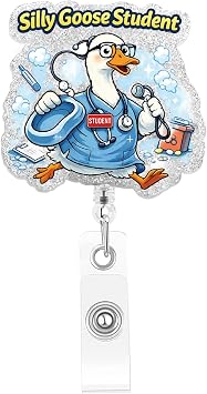 Silly Goose Student Funny Nurse Badge Reel Retractable, Cute Animal Glitter Acrylic ID Badge Holder with Name Tag Clip for Nursing School Clinical Rotation New Grad Student Gift E