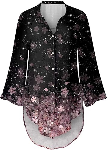Miniatura 4 de Ceboyel Camisa floral con botones para mujer, cuello en V, manga larga, blusa con cuello, moda casual, trajes de mujer 2023