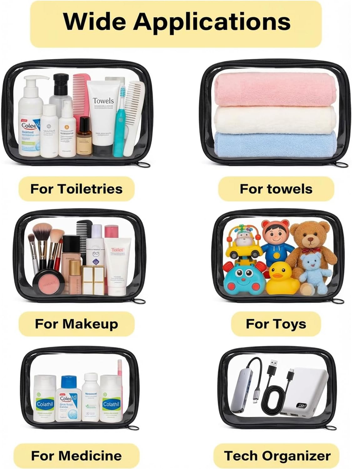 3Pack Clear Makeup Bags Set, Clear Travel Makeup Bag Waterproof Makeup Case Small Toiletry Bag with Zipper Portable Cosmetic Pouch Makeup Storage Bag Car Bag for Essentials (Black Set-2)