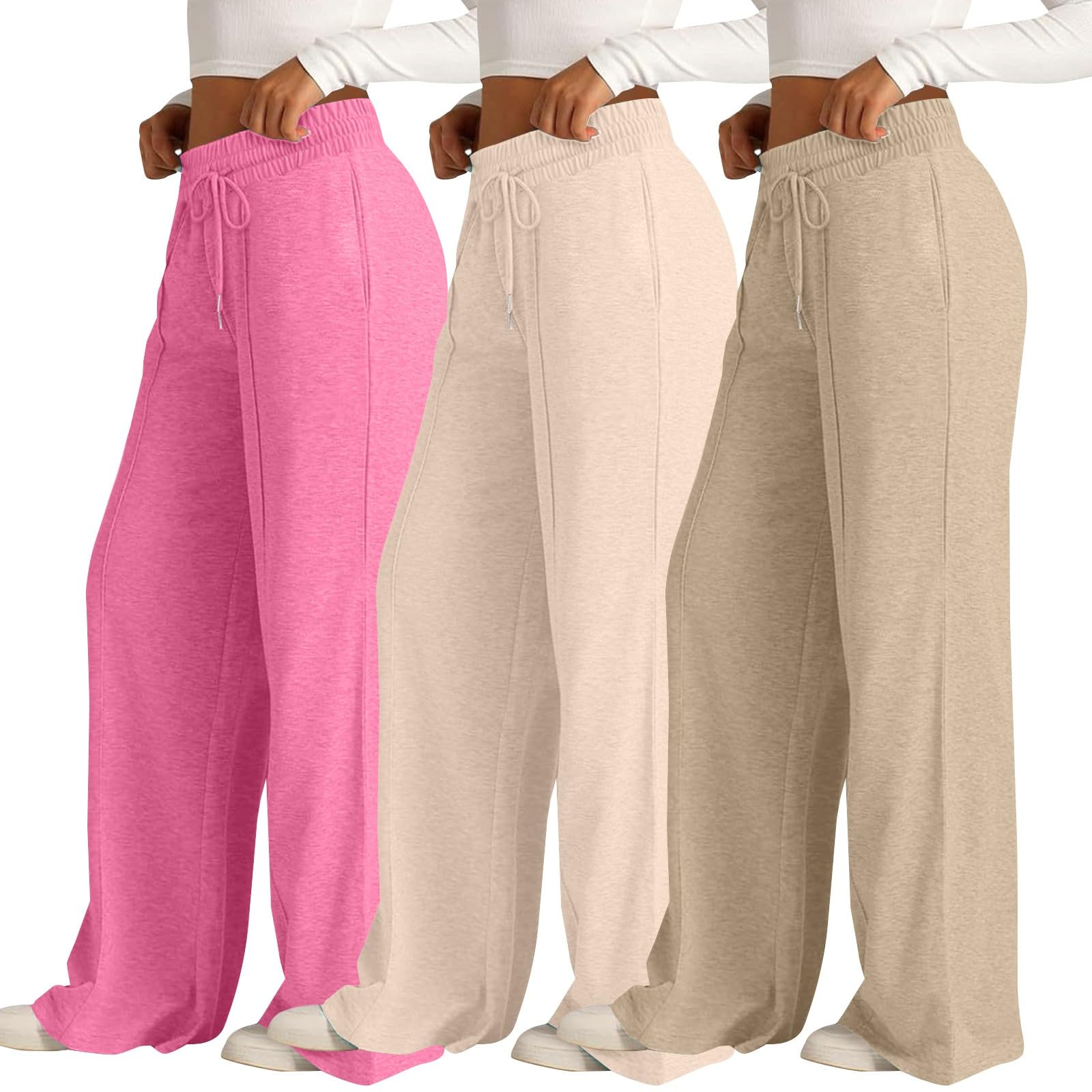 Paquete de 3 pantalones de pierna ancha para mujer, cintura elástica, pierna recta, pantalones deportivos de cintura alta, holgados, pantalones palazzo, pantalones de pista, color sólido, pantalones