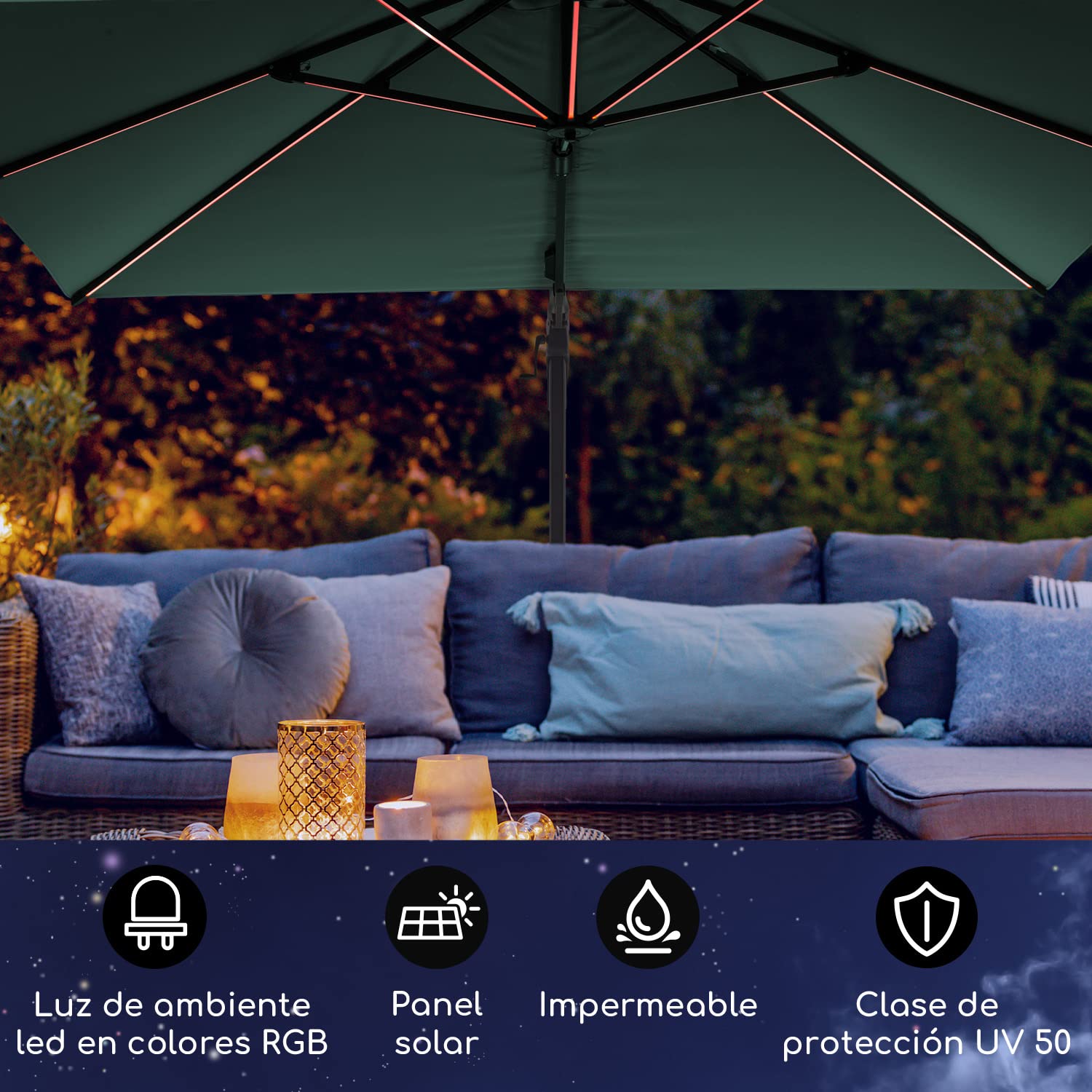 blumfeldt Sombrilla Terraza Exterior, Parasol Jardin con Panel Solar y LED, Sombrilla Jardin y Patio, Sombrillas Terraza Resistentes al Agua y a los Rayos UV, Sombrillas Ajustables sin Base