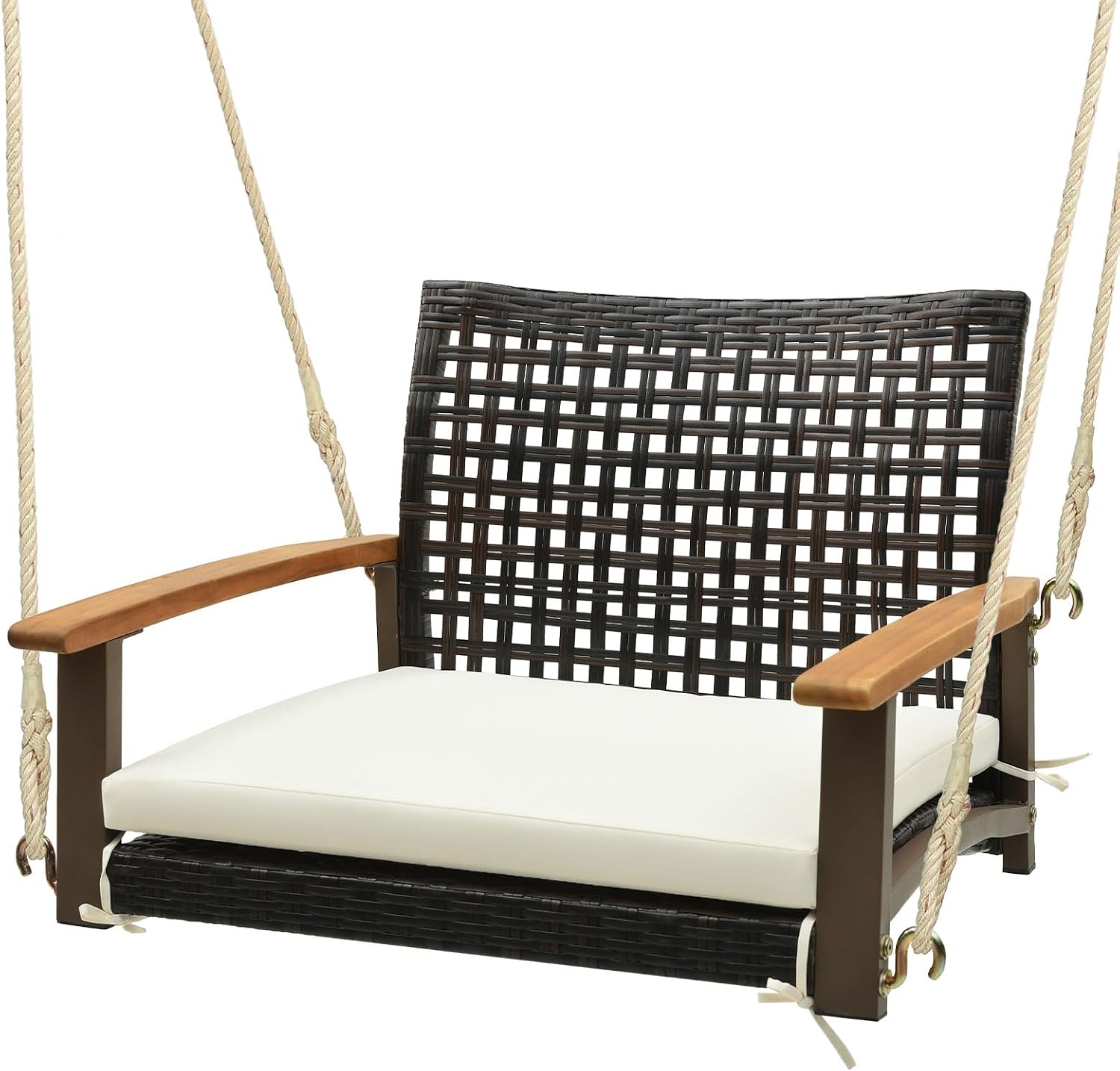 HAPPYGRILL Rattan Porch Swing, Patio Wicker Single Hanging Seat w/Seat Cushion & Acacia Wood Armrests, 2 Hanging Hemp Ropes, Heavy-Duty Metal Frame, Outdoor Swing Chair for Backyard, Front Porch