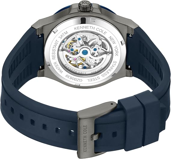 Kenneth Cole New York Men's Automatic Watch - Skeleton Dial, Two-Tone Blue and Silver Case, Dark Blue Silicone Strap, 43mm Case Design