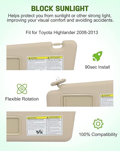 Miniatura 2 de SCITOO Conjunto de visera solar del lado izquierdo del conductor para Toyota Highlander 2008-2013 con techo corredizo (beige)