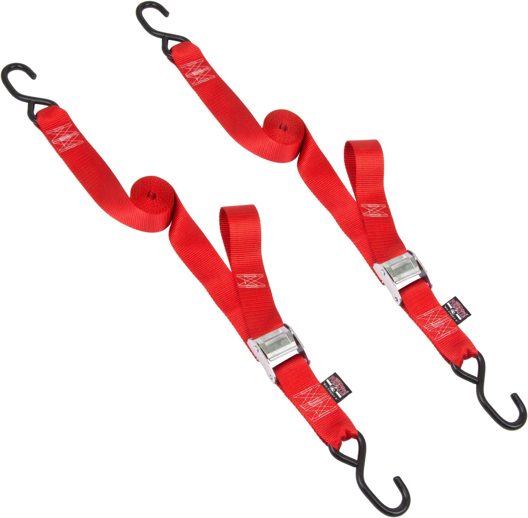 PowerTye Cam Buckle Tie Down Straps – 2 inch x 8ft Straps with S-Hooks – Ideal for Motorcycle, ATV, Trailers, and Truck Bed Cargo – 600 lb WLL & 1,800 lb Break Strength – USA Made, Red (Pair)