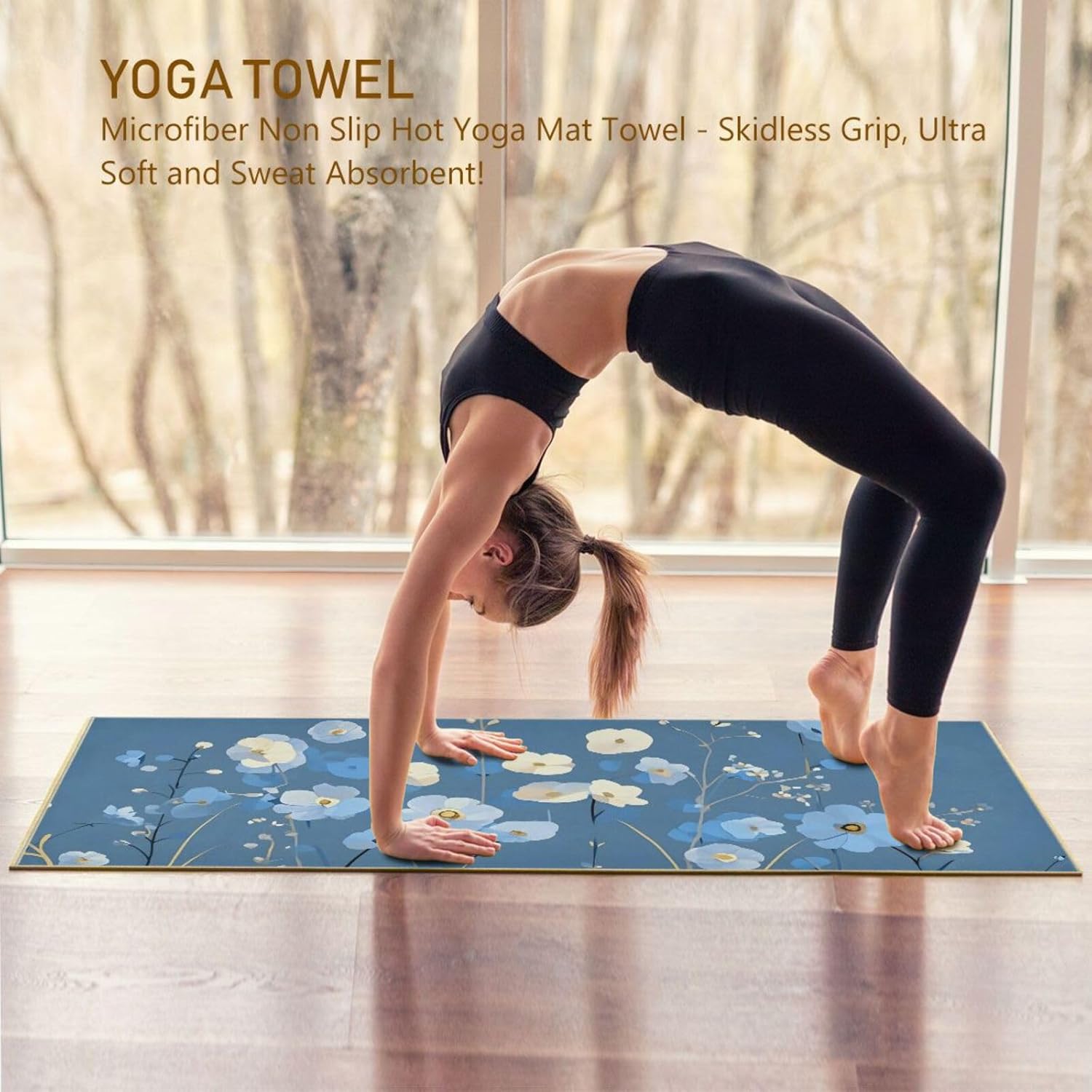 Florals White Blue Yoga Mat Towel with Silicone Grip Dot – 73"x27" Non-Slip Sweat Absorbent Microfiber Yoga Towel for Home Gym Studio
