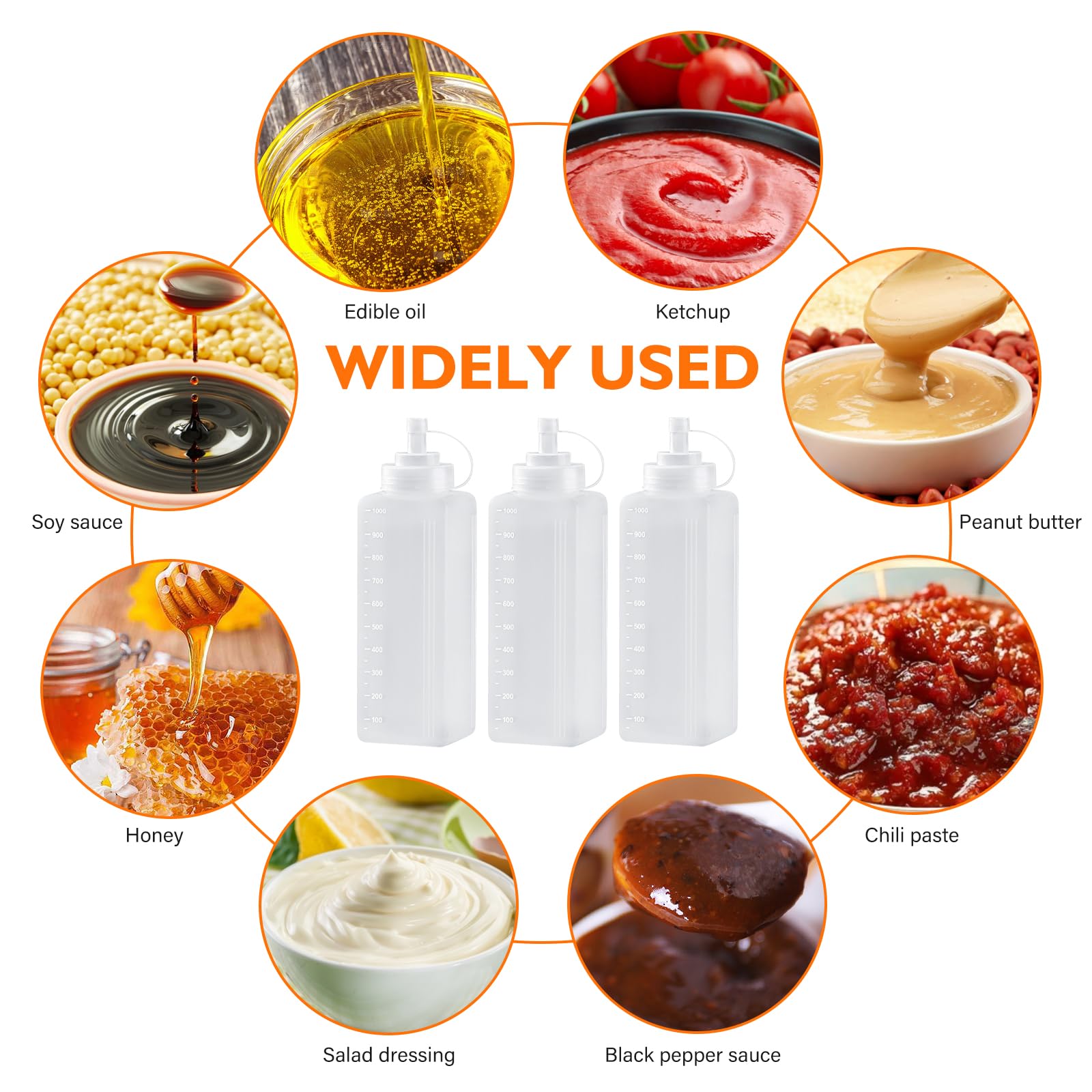 3 Piezas Botella de Salsa: 1000 ML Bote Plastico para Salsas, Squeeze Bottle, Condimento Botellas, Botella de Ketchup, Transparente Condimento Botellas para Condimentos, Mayonesa, Mostaza