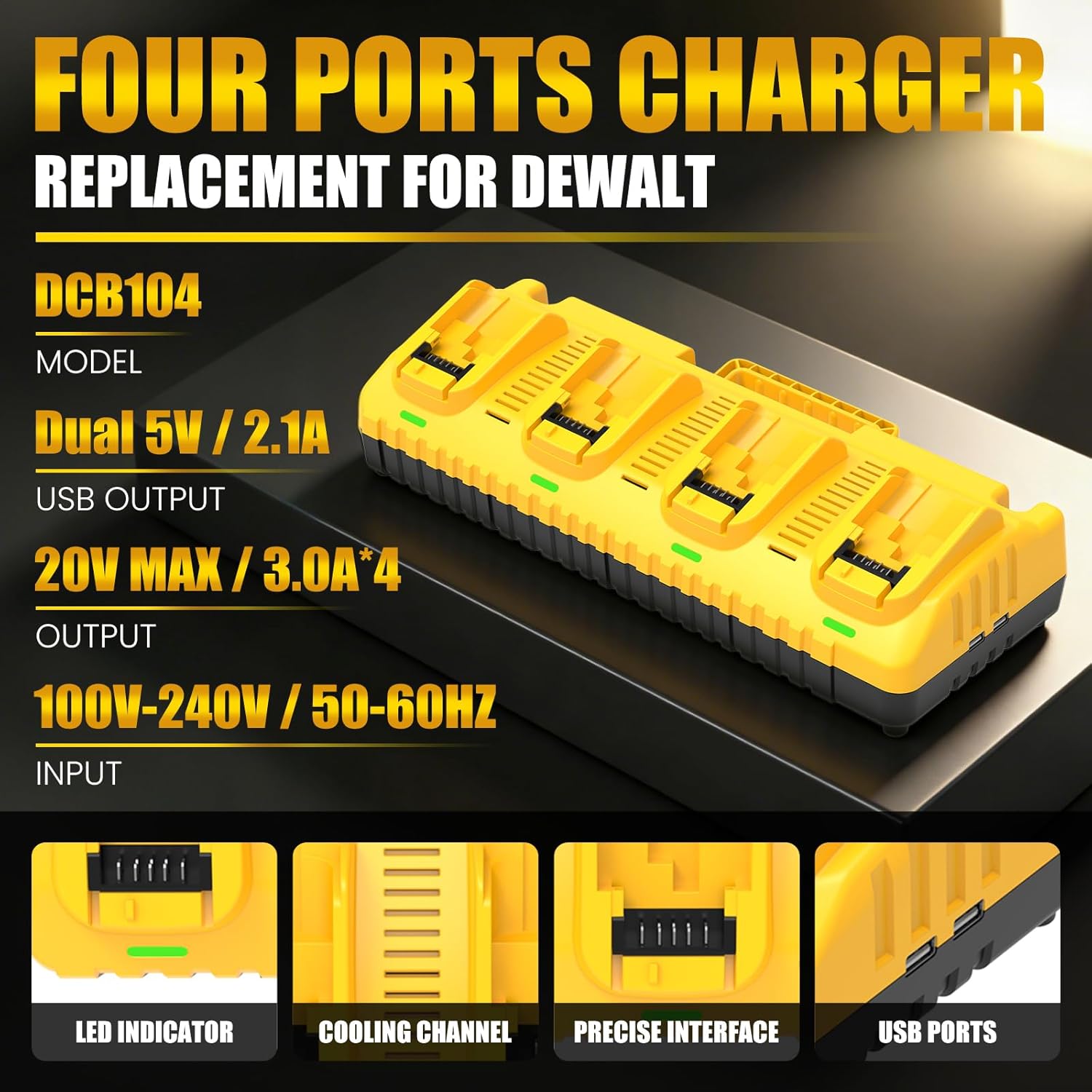 4 Packs 12000mAh DCB206 Replacement for Dewalt 20V Battery and DCB104 Charger Compatible with Dewalt 20V Max Battery Lithium DCB203 DCB207 DCB200 DCD DCF DCG Series Cordless Power Tools