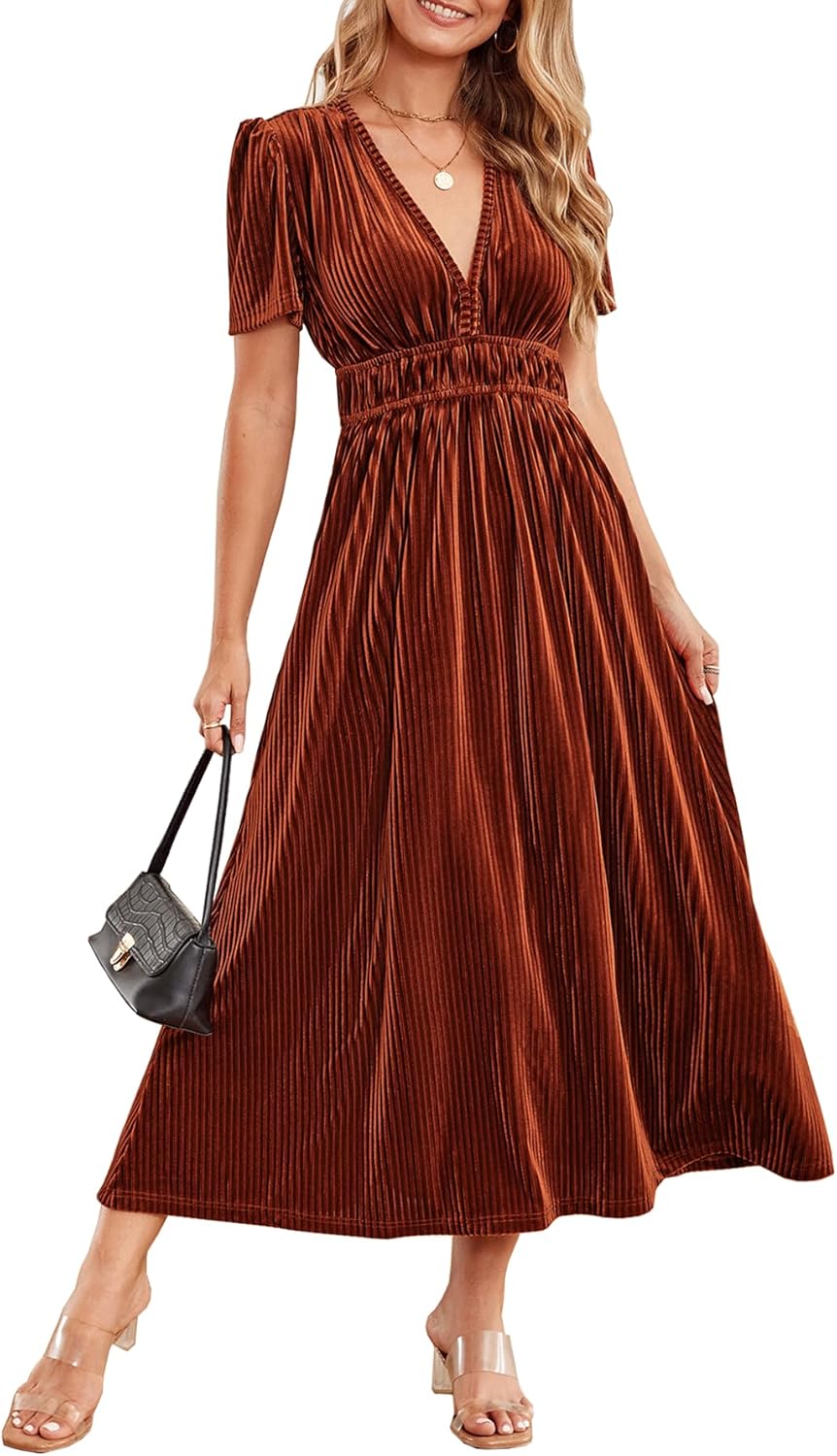Sissyaki Women's Retro V-Neck Velvet Maxi Dress Wedding Guest Formal Party Long Dresses