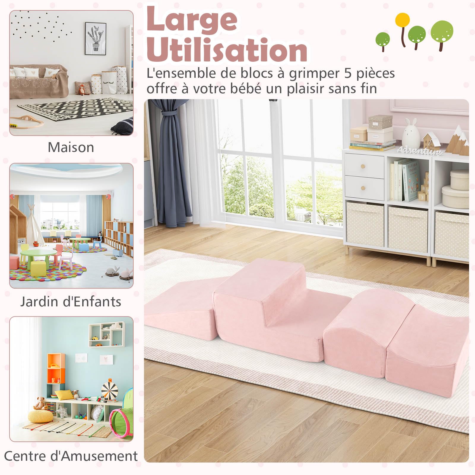 DREAMADE Parcours de motricité Bébé 5PCS avec Housse Lavable, Blocs de Construction avec Piscine à Balles, Module Motricité pour Enfant 3+ Ans, sans Balles (Rose)