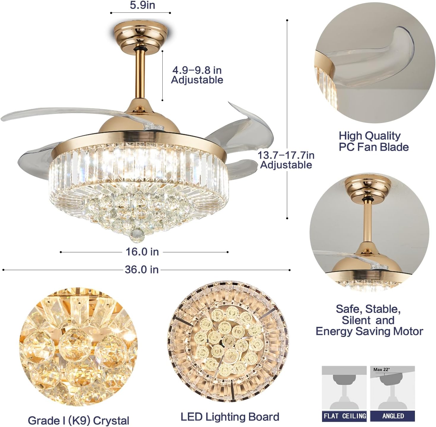 36" Dimmable Gold Fandelier Crystal Ceiling Fans with Lights and Remote, Modern Chandelier Ceiling Fan with Invisible Retractable Blades for Bedroom Living Room 6 Speed