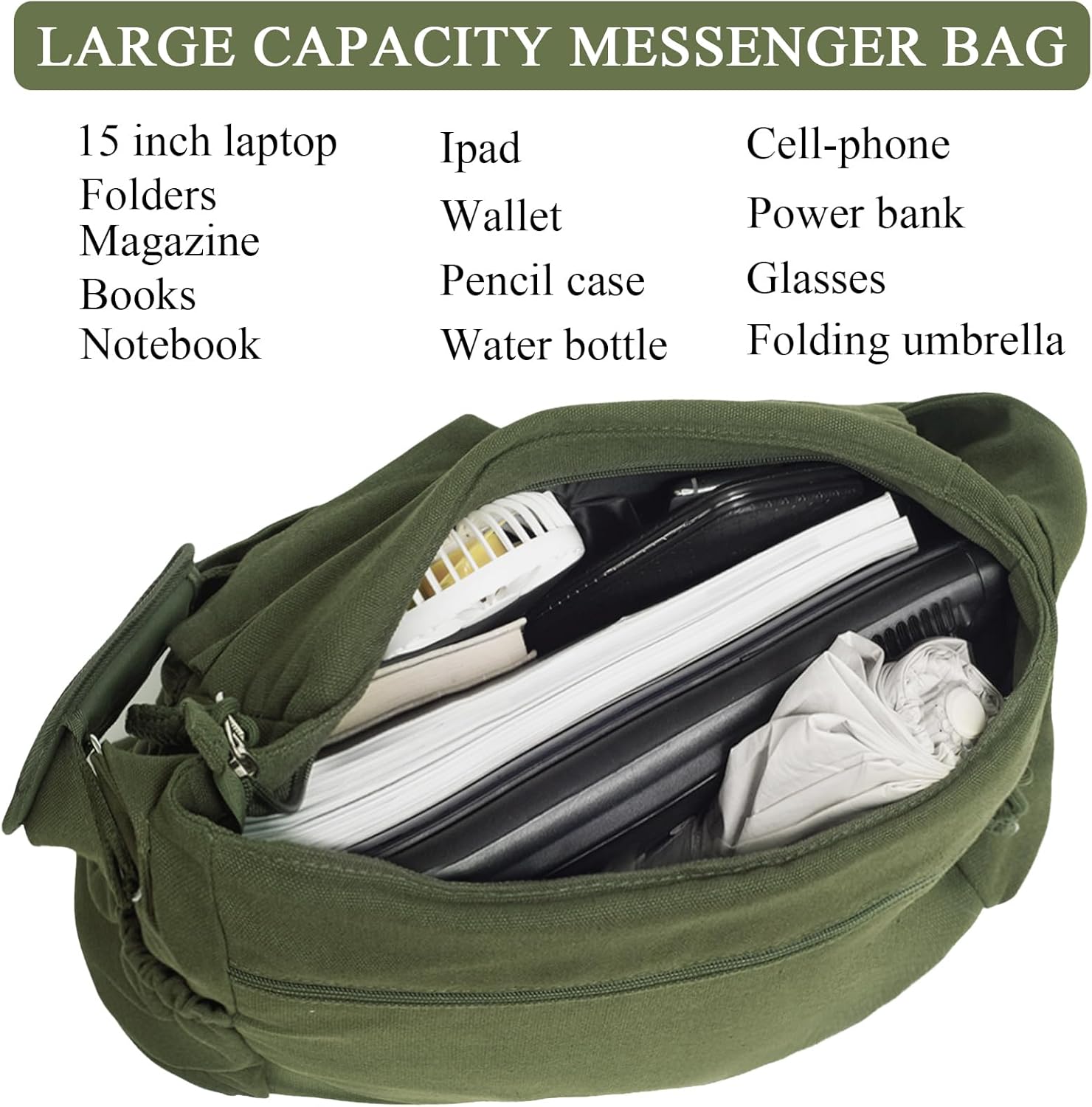 High Density Canvas Messenger Bag for Men/Women, 15” Large Crossbody Shoulder Bag Tote Bag for College/Travel/Work Daily Use | High Density Canvas, 15", Large, for College, for Travel, for Work