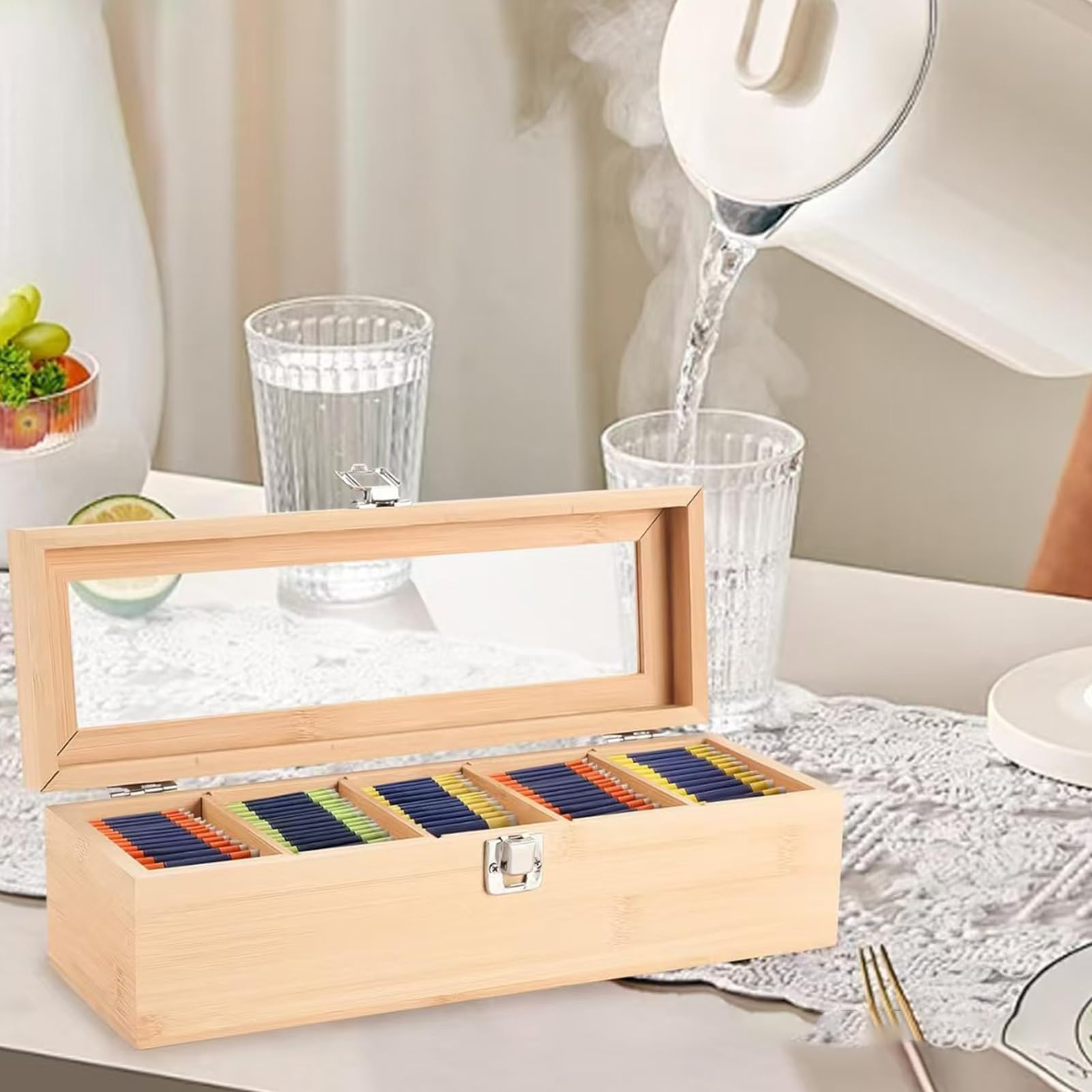 Drewniany organizer na herbatę z przezroczystą pokrywką, wiele przegródek na torebki herbaty, kapsułki na kawę, opakowania cukru, idealny na blat kuchenny lub ekspozycję szuflady
