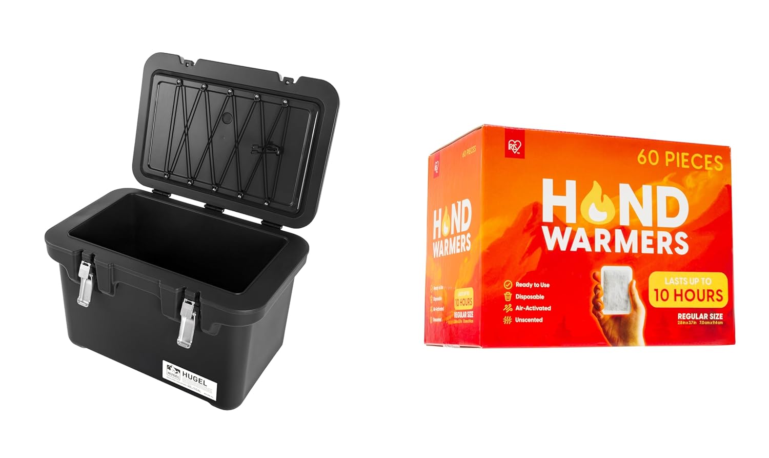 IRIS USA Bundle of Hugel 44 QT Insulated Cooler + 60 Hand Warmers–Heavy Duty Ice Chest w/Bungee Straps, Metal Buckles, Built-in Handles–Long-Lasting Warmth for Camping, Fishing, Tailgating, Travel
