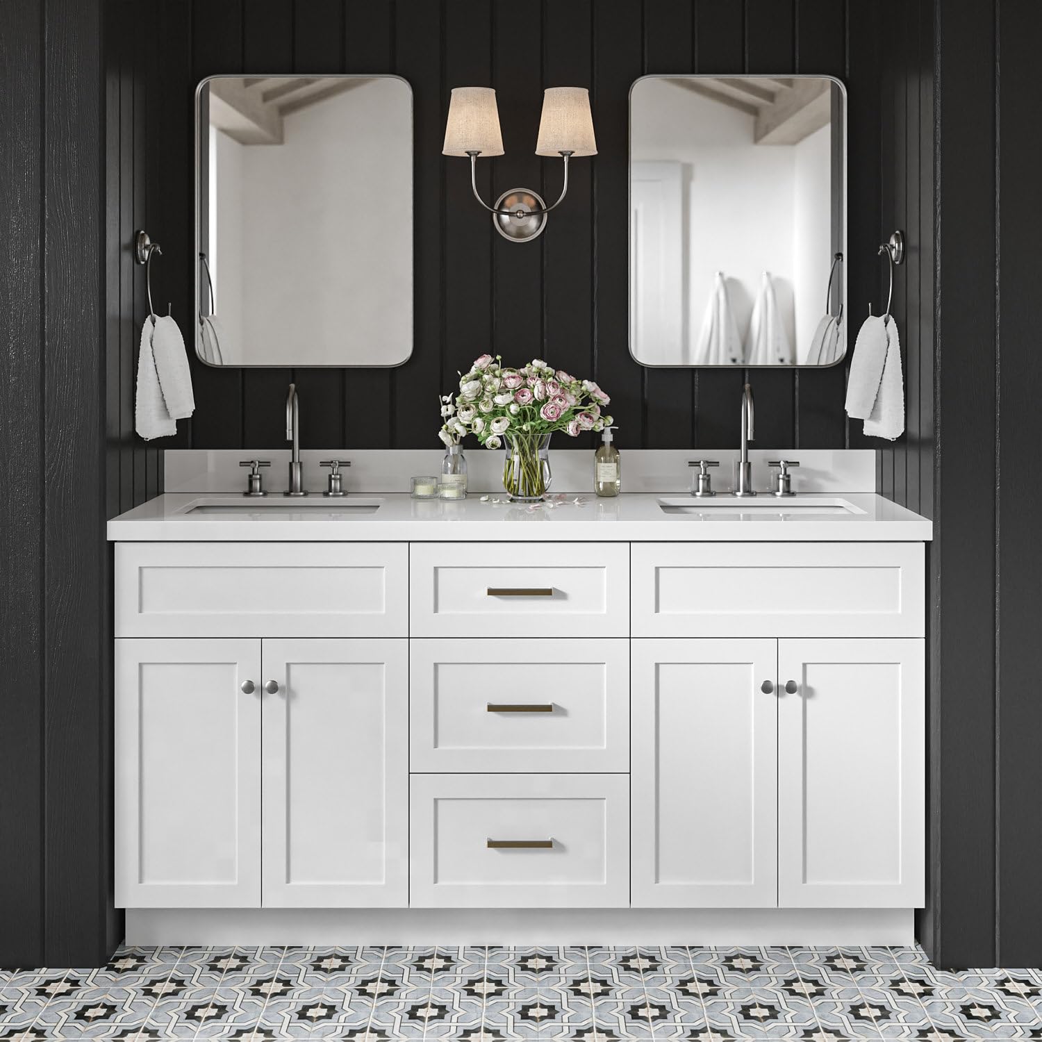 DKB Bradford 66" White Double Bathroom Vanity with 1.5" Pure White Quartz Countertop, Rectangular Undermount Sinks, 2 Soft Closing Doors, 3 Dovetail