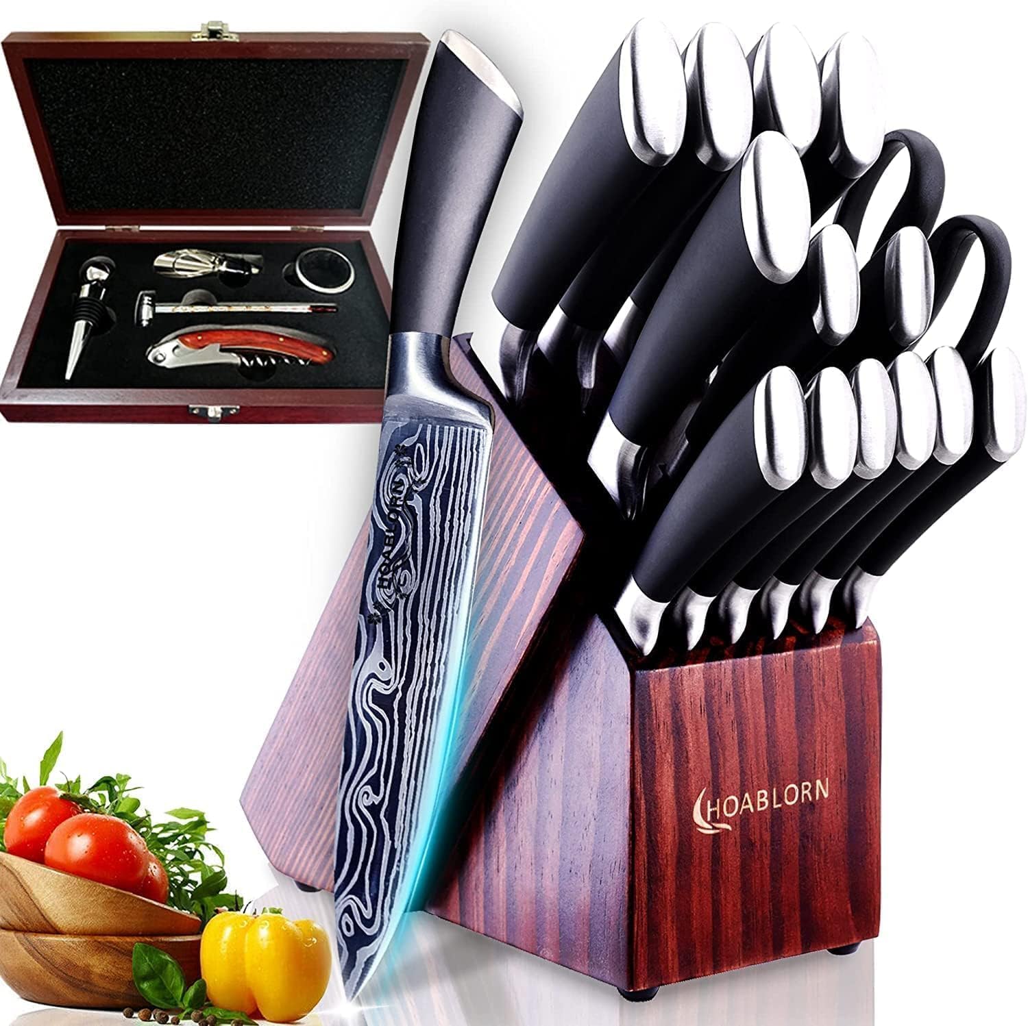 Juego de cuchillos de cocina con portacuchillos, 15 cuchillos profesionales de acero inoxidable Damasco con afilador de cuchillos incorporado y caja de regalo para vino