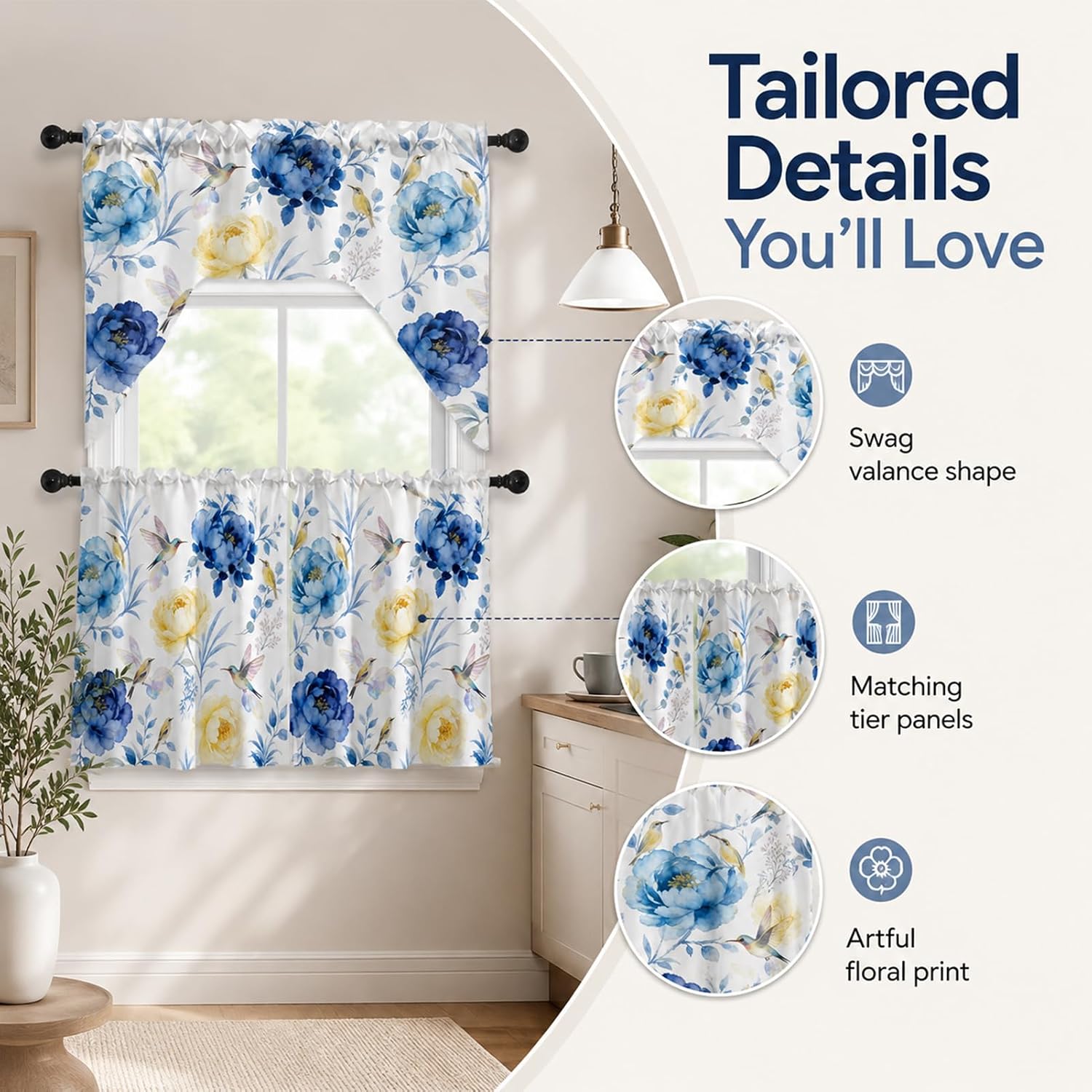 Printed Kitchen Swag Valance Printed Swag Curtains Set 3 Pcs Spring Window Curtain for Living Room Bedroom Bathroom Cafe Blue Flower