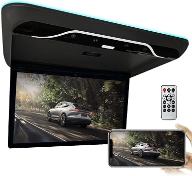 19" Car Overhead Player, Flip Down Monitor, 1080P Screen Car Roof Multimedia Player, Car Video with 16 Colors Light, Support HDMI, USB,Black
