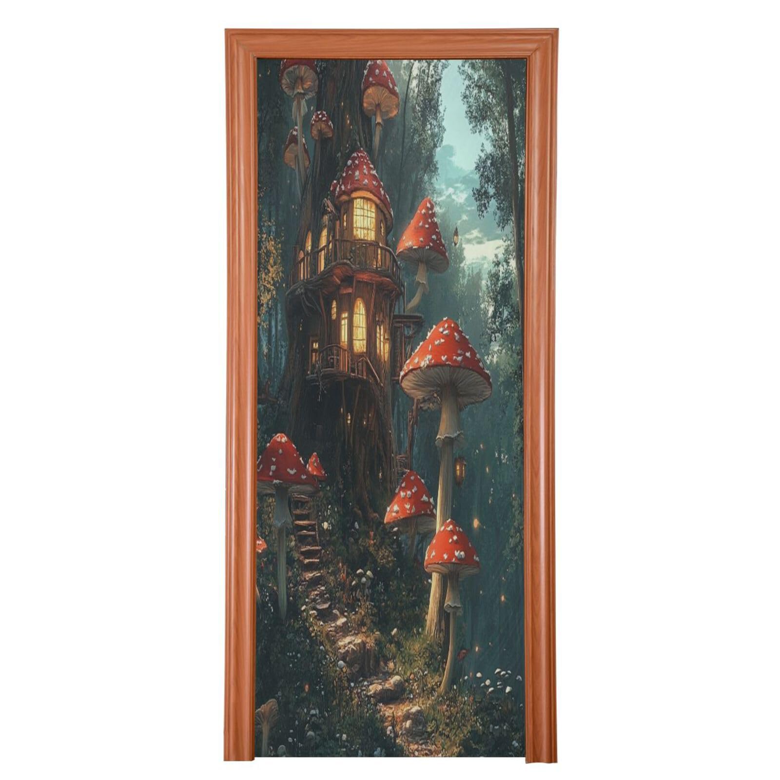 FLildon Fairy Mushroom House Door Cover Decoration, Party Accessory Porch Decor for Festive Ornament Room Door Covers 36 x 98 Inch