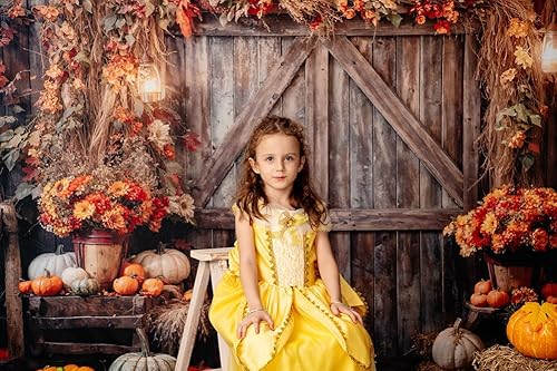 Miniatura 3 de Kate Decoración de calabaza de granja de Acción de Gracias de 7 x 5 pies, fondos de fotografía de madera rústica, otoño, flores amarillas, hojas,