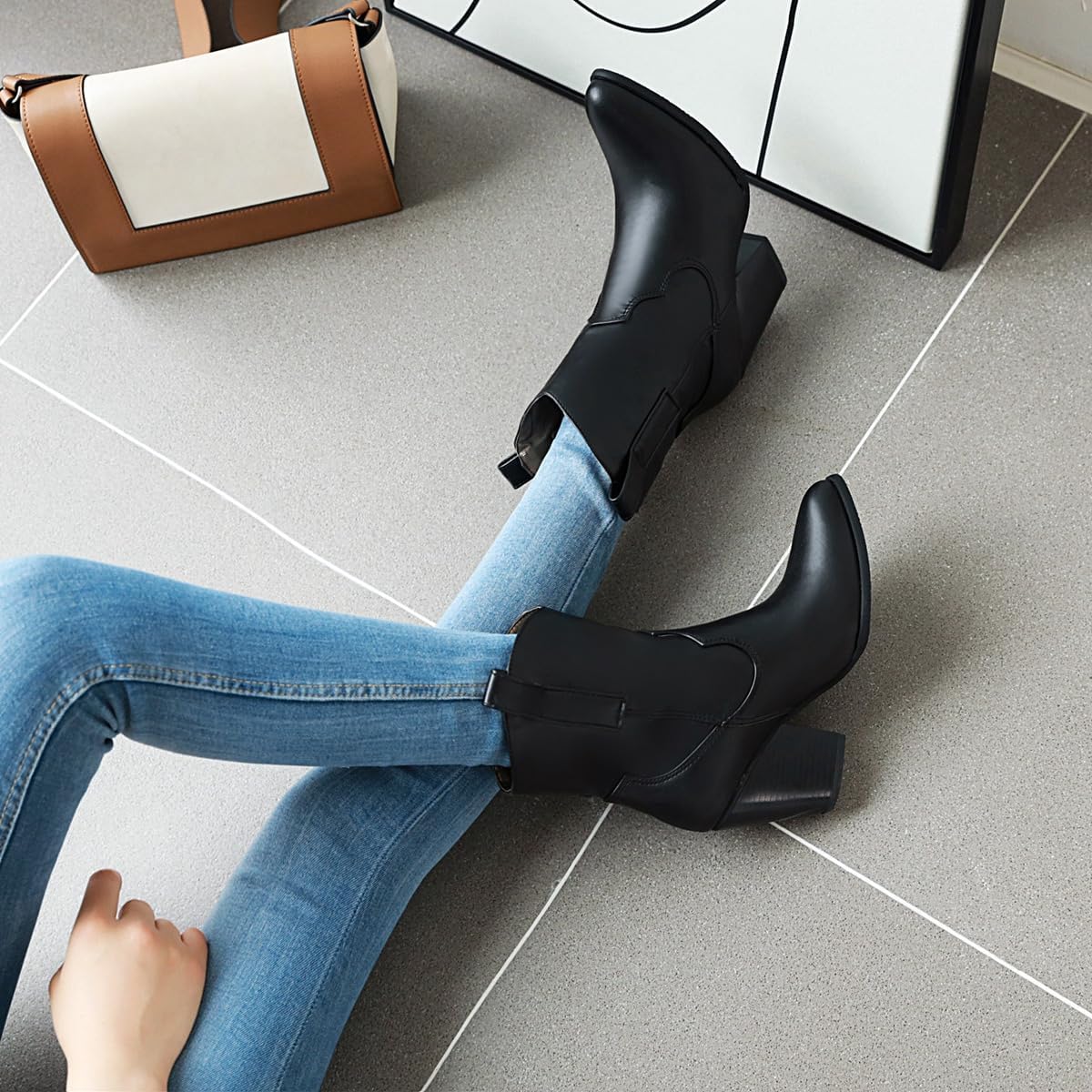 Women's Western Cowboy Ankle Boots Pointed Toe Pull On Chunky High Heels Cowgirl Dressy Short Booties