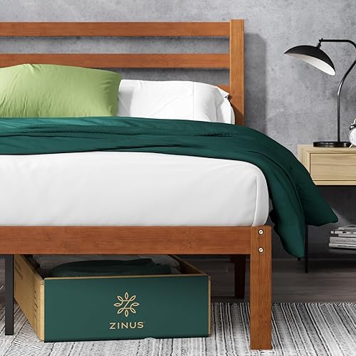 Zinus Leah - Base de cama de plataforma de bambú con cabecero, no necesita somier, soporte de listones de madera, fácil de montar, tamaño matrimonial