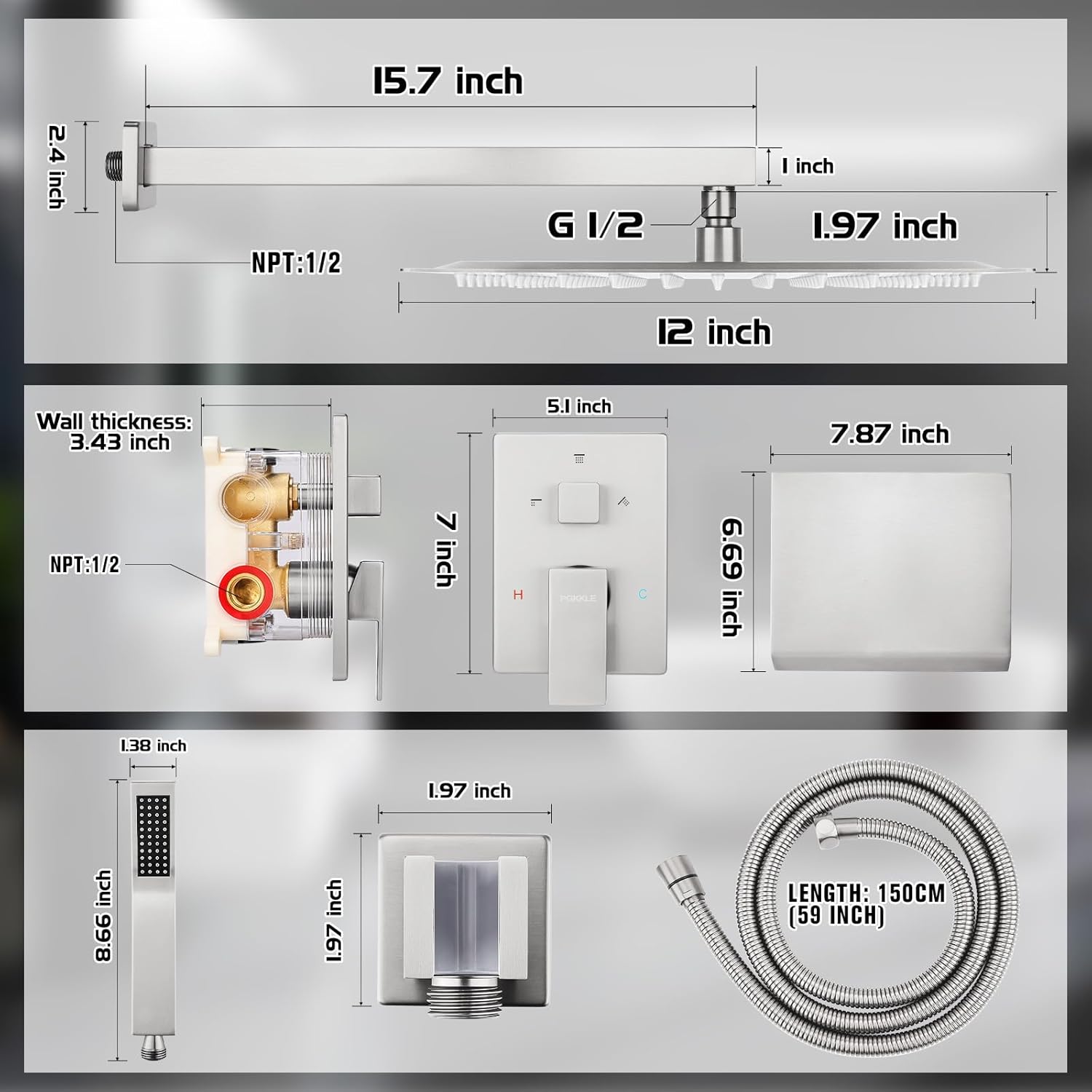 12 Inch Rainfall Shower System with Tub Spout Wall Mounted Complete Combo with Solid Brass Pressure Balancing Valve, High Pressure Shower Head, Handle Set & Installation Accessories