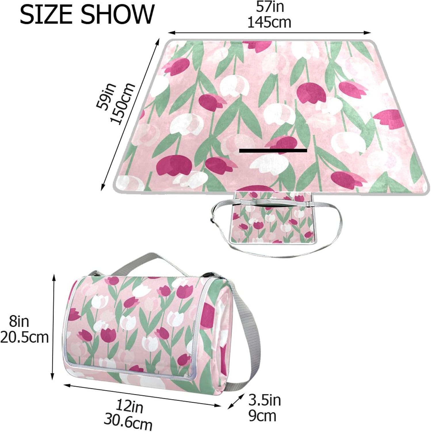 MNSRUU Picnic Blanket Waterproof Foldable, Floral Colored Tulips Large Outdoor Picnic Beach Camping Blanket Travel Mat, Shoulder Strap Tote, Rectangle 57x59in