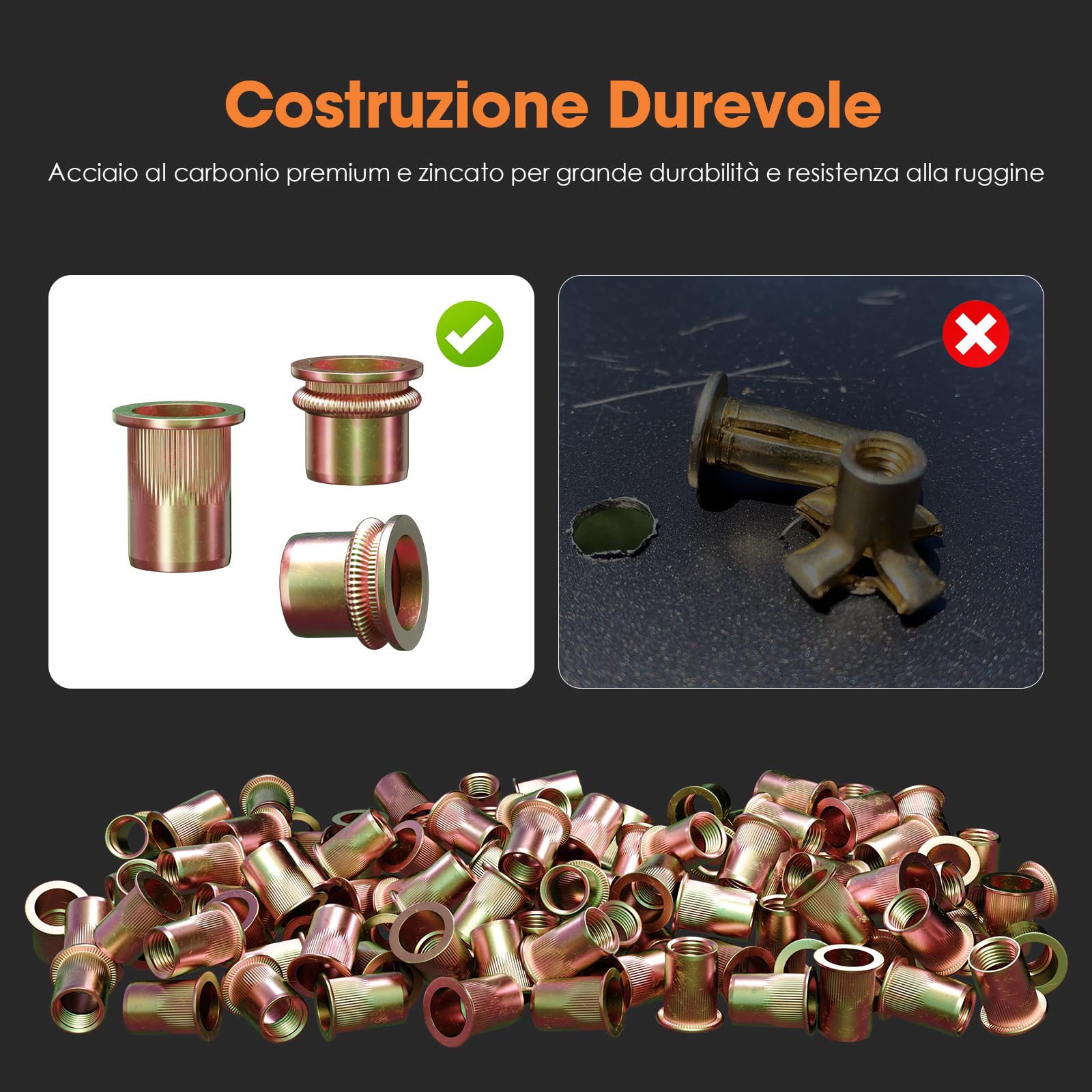 HANGLIFE Rivetti Filettati, M8 Metric Inserti Filettati (50 Pezzi) - Dadi per Rivetti a Testa Piatta, Zincati, in Acciaio al Carbonio con Corpo Zigrinato