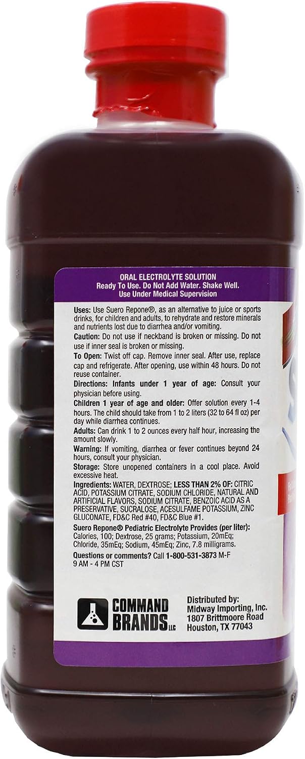 REPONE SUERO Electrolyte Solution with Zinc, Rehydrates, Restores Minerals and Nutrients, Grape Flavor, 2-Pack of 33.8 Fl Oz 2 Bottles