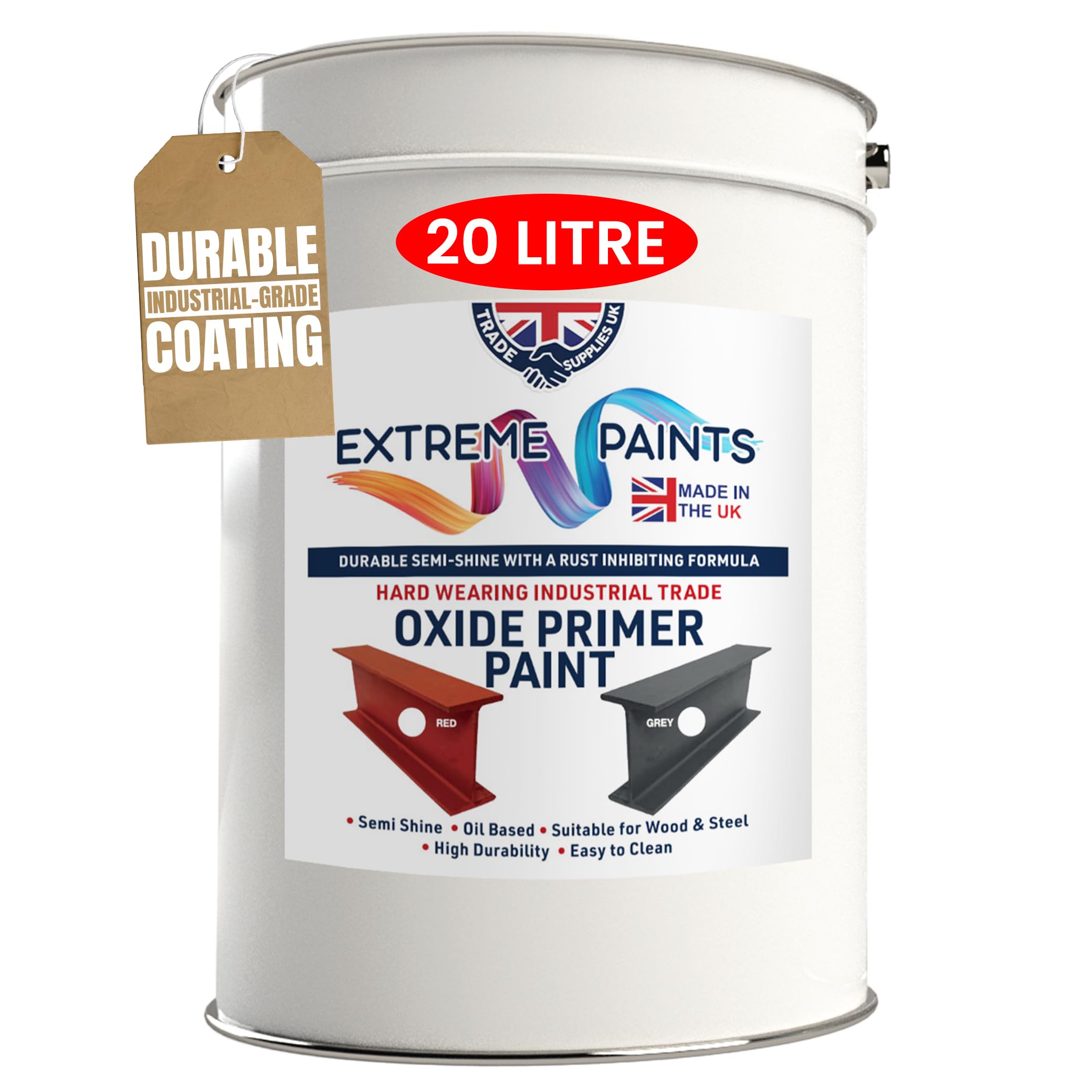 TRADE SUPPLIES UK - Extreme Paints Oxide Primer - Rust-Inhibiting Formula for Metal & Wood | For Structural Steel, Machinery, Gates, and Containers (Red, 20L)