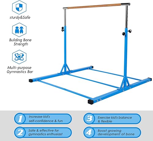 Miniatura 5 de Dai&F Barra de gimnasia para niños, barras de gimnasia de 3 a 5 pies para el hogar con 1-11 niveles de altura ajustable, barra de entrenamiento