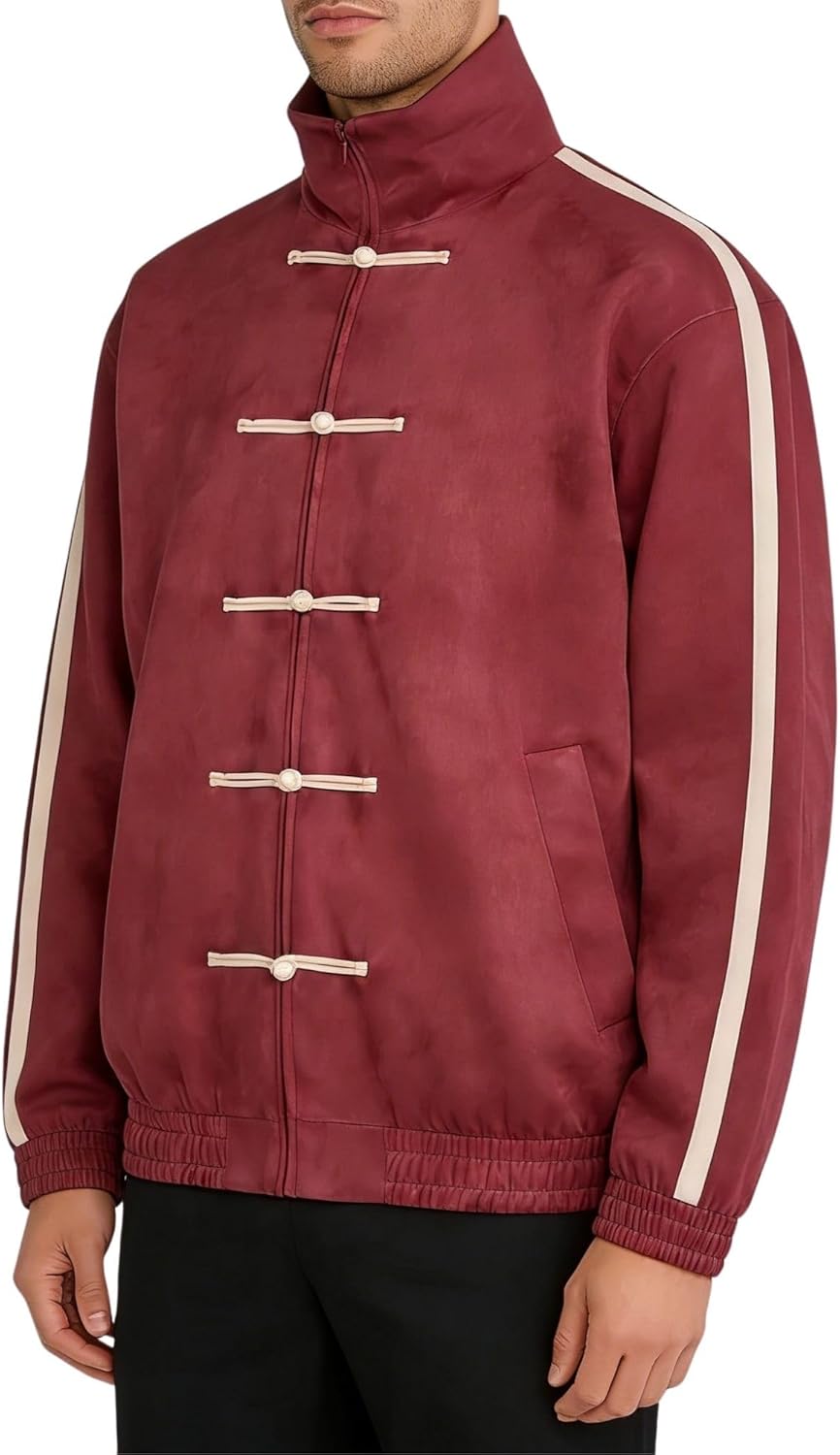 Chinese Style Jacket Stand Collar Zip Up Faux Suede Coat Striped Cuff Oversized Track Outerwear for Men and Women