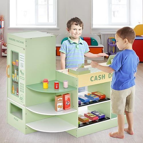 Miniatura 41 de Costzon Juego de tienda de comestibles para niños, tienda de juegos de simulación de madera con pizarra, caja registradora, máquina expendedora