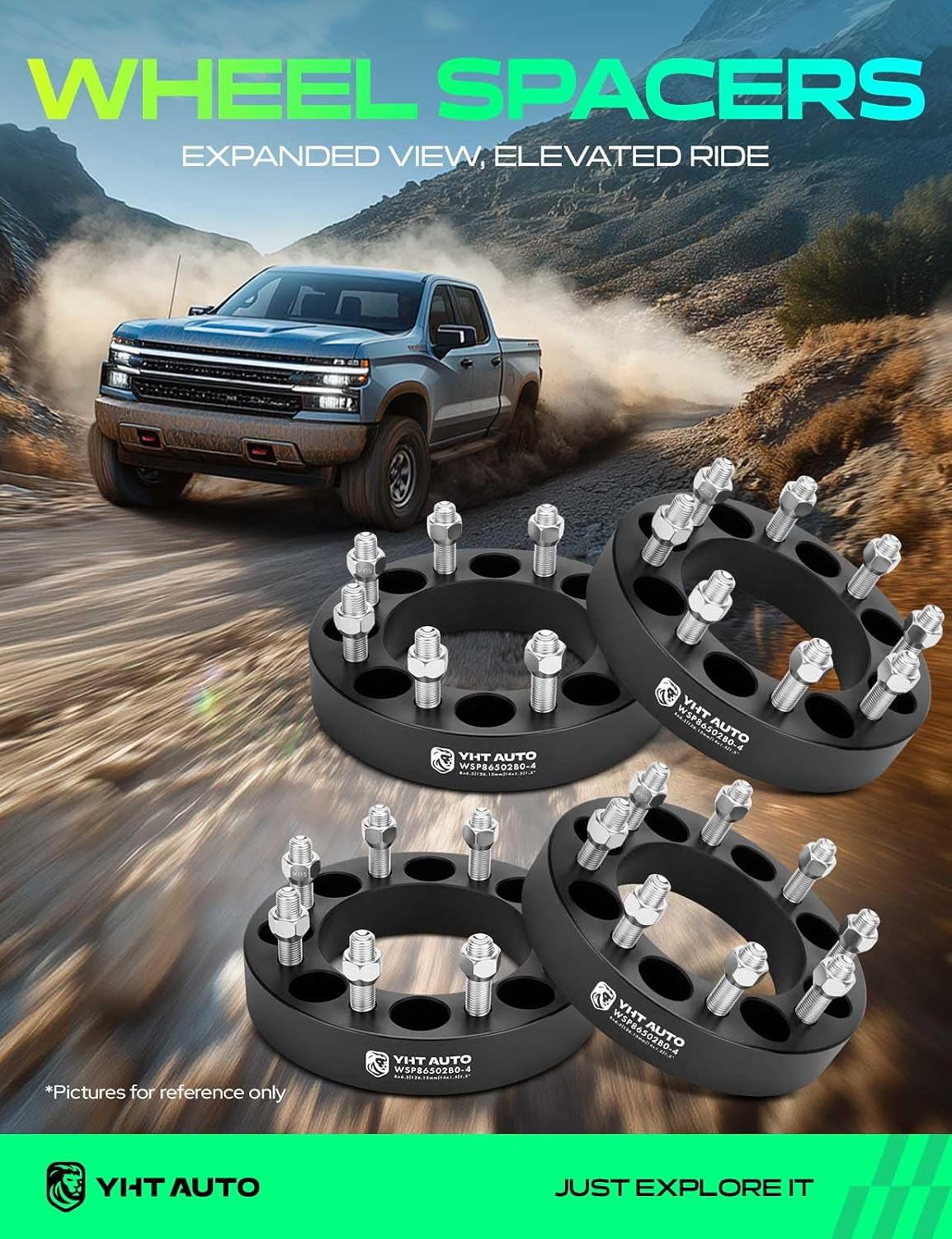 YHTAUTO 8x6.5 Inch Wheel Spacers 1.5 Inch Compatible with Chevy Silverado, GMC Sierra, Ram 2500/3500, Nissan, Hummer Models Tire Spacers w/ M14x1.5 Studs 126.15 Center Bore 8 Lug 4PCS Black